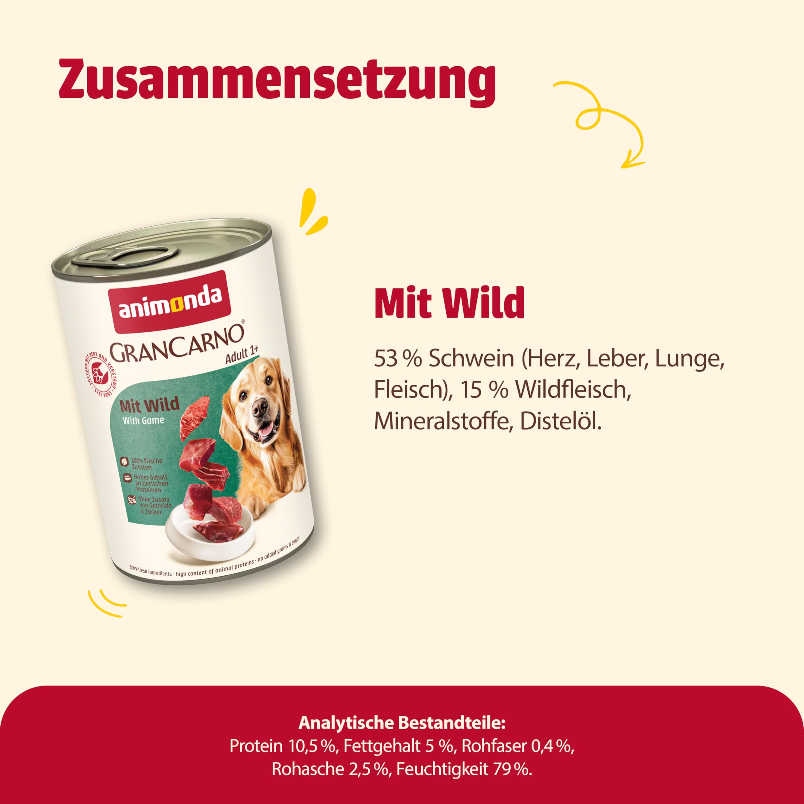 animonda GranCarno Hunde Nassfutter mit Rind + Entenherzen (6 x 800 g), getreidefreies Hundenassfutter ohne Zucker, für ausgewachsene Hunde, mit frischen fleischigen Zutaten