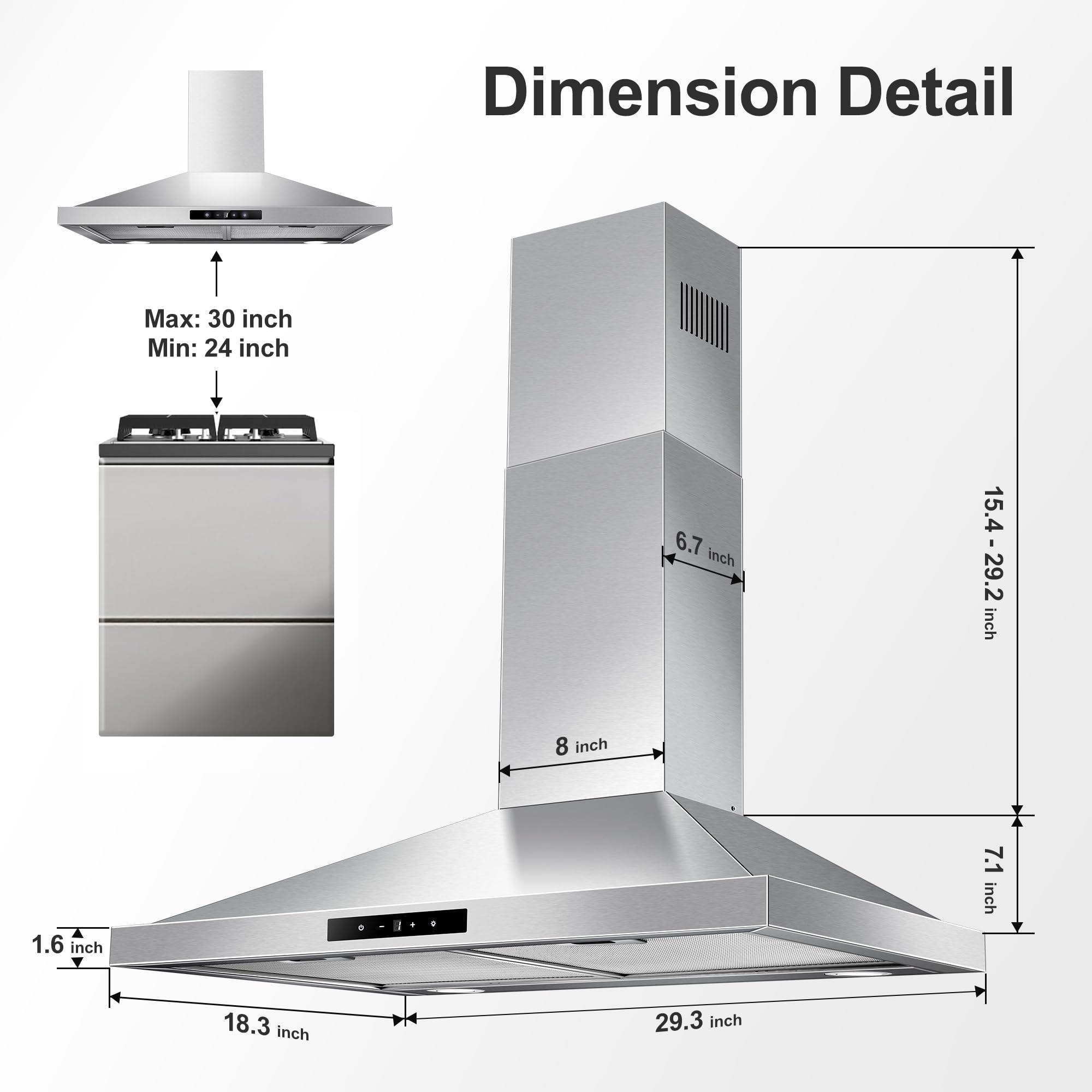 Tieasy Wall Mount Range Hood 30 inch with Ducted/Ductless Convertible Duct, Stainless Steel Chimney-Style Over Stove Vent Hood with LED Light, 3 Speed Exhaust Fan, 450 CFM