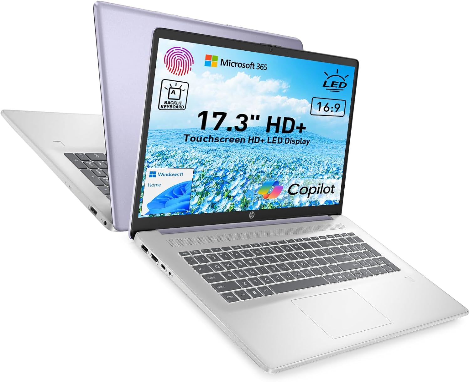HP 17.3" Touchscreen Laptop w/Microsoft 365, 16GB RAM, 1TB SSD+128GB UFS, Webcam w/Shutter, Fingerprint Reader, Backlit Keyboard, Microsoft Copilot Key, Intel Quad-Core CPU, Win11, Lavender