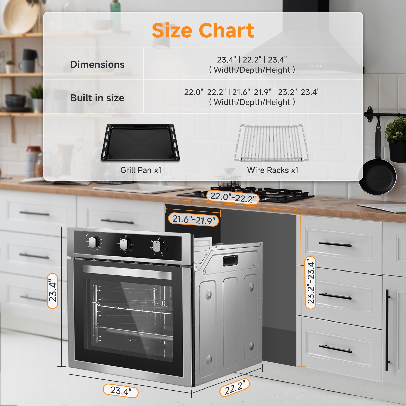 24" Single Wall Oven for Kitchen: 2200W Built-in Electric Wall Oven with Mechanical Knobs Control, 2.65 Cu.ft. Stainless Steel Wall Oven with 5 Cooking Modes, 360° ROTATING ROTISSERIE, Timer