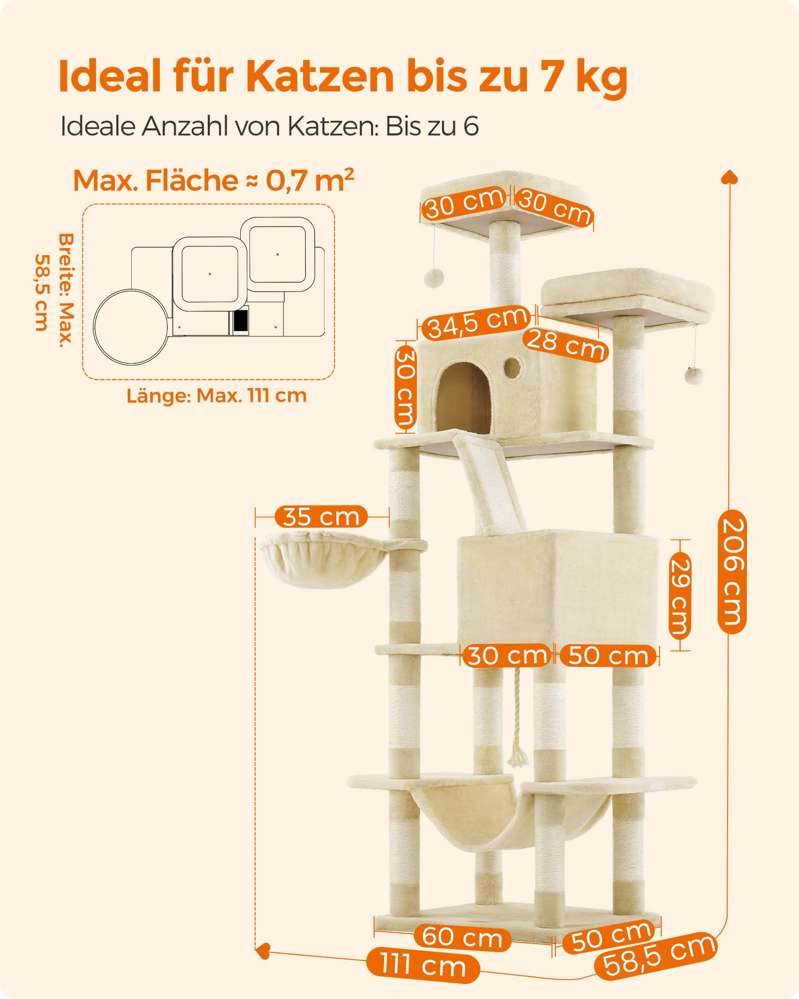 Feandrea Kratzbaum groß, 203,5 cm hoch, XXL Katzenbaum, mit 13 Kratzsäulen, 2 Plattformen, 2 Höhlen, Korb, Hängematte, Plüschbälle, mehrstöckiger Katzenkratzbaum, rauchgrau PCT190G01