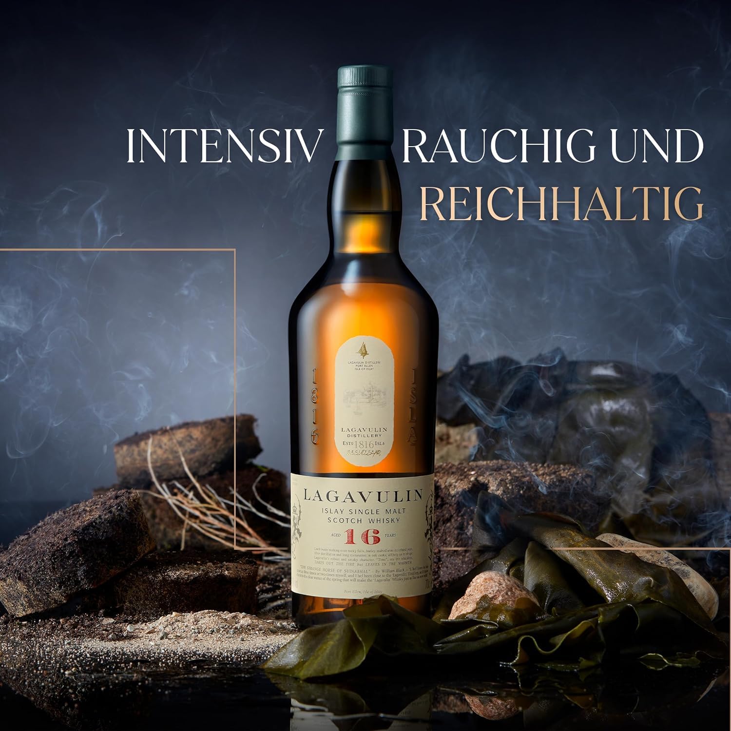 Lagavulin 16 Jahre Islay Single Malt Scotch Whisky, 43 % Vol, vol| rauchig, intensiv, torfig, süßer und salziger Single Malt Whisky, in Geschenkbox, gereift in Eichenfässern, 700ml