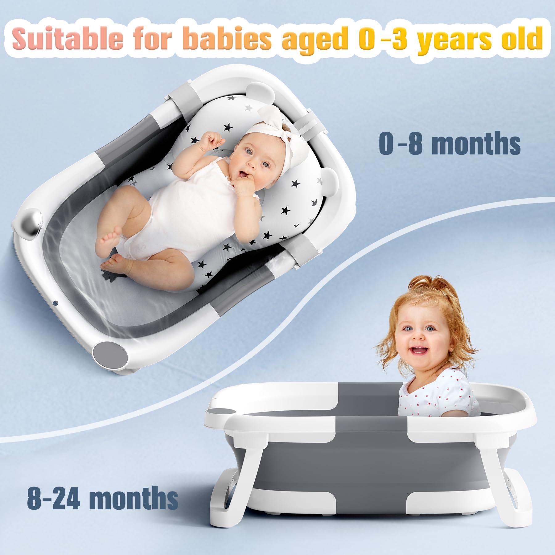 Baby Badewanne Faltbare, Baby Bathtub Babywanne Faltbar Babybadewanne Tragbare Wanne für Neugeborene Kleinkinder mit Rutschfester Matte und Abflussloch (Kein Thermometer) (Grau)
