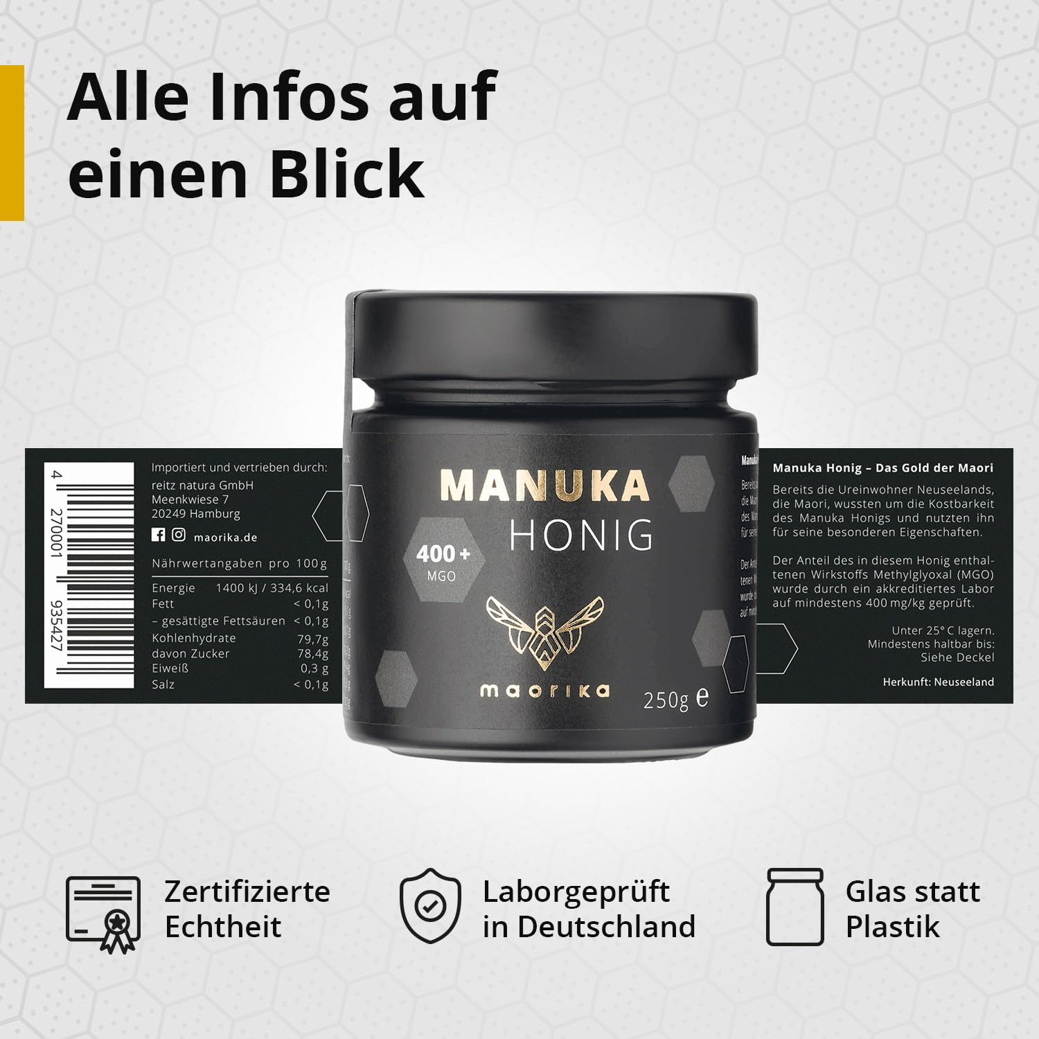 maorika - Manuka Honig 400 MGO + 250g im Glas (lichtundurchlässig, kein Plastik) - laborgeprüft, zertifiziert aus Neuseeland