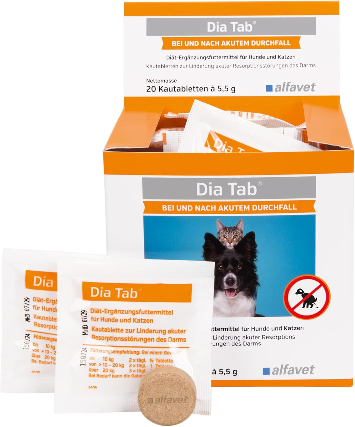 alfavet Dia Tab 20 x 5,5 g – Diät-Ergänzungsfuttermittel für Hunde & Katzen – Mit pflanzlichen Inhaltsstoffen zur Regulierung der Verdauung & Darmflora – Kautabletten mit Präbiotika