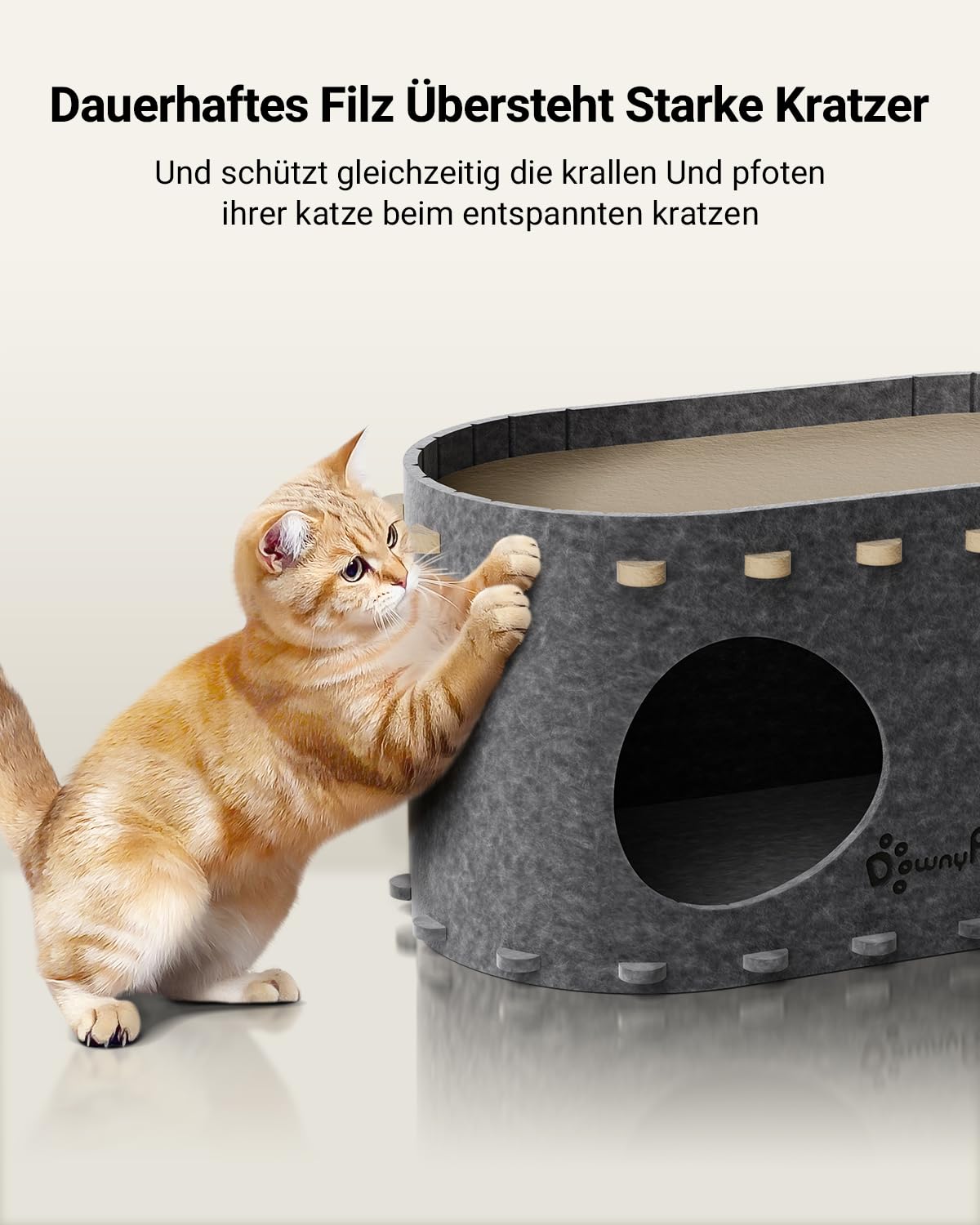 Katzenhöhle Filz, Katzenhaus aus Filz, Katzenbett, Katzenhöhle für Katzen, 58 x 33 x 30cm, Peek-a-Boo zum Spielen, Winterfest, Schutz der Katzennägel, Beige