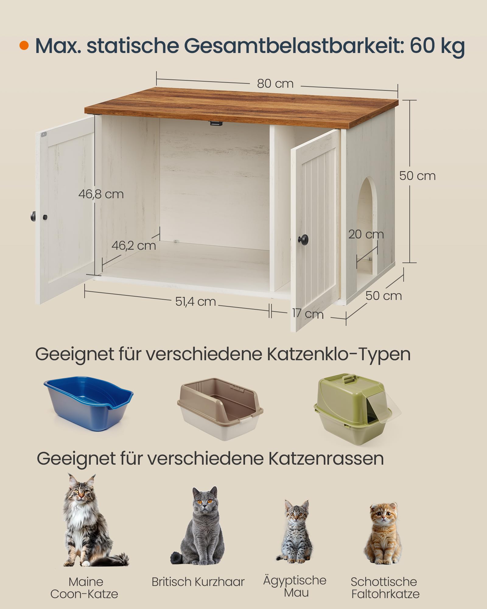 SONGMICS HOME Katzenklo Schrank, superschnelle werkzeuglose Montage, Toolless-Technologie, Katzenhaus für Katzentoilette, Werkzeuglose Montage, Push-to-Open, 80 x 53 x 50cm, schneeweiß PCL013W01