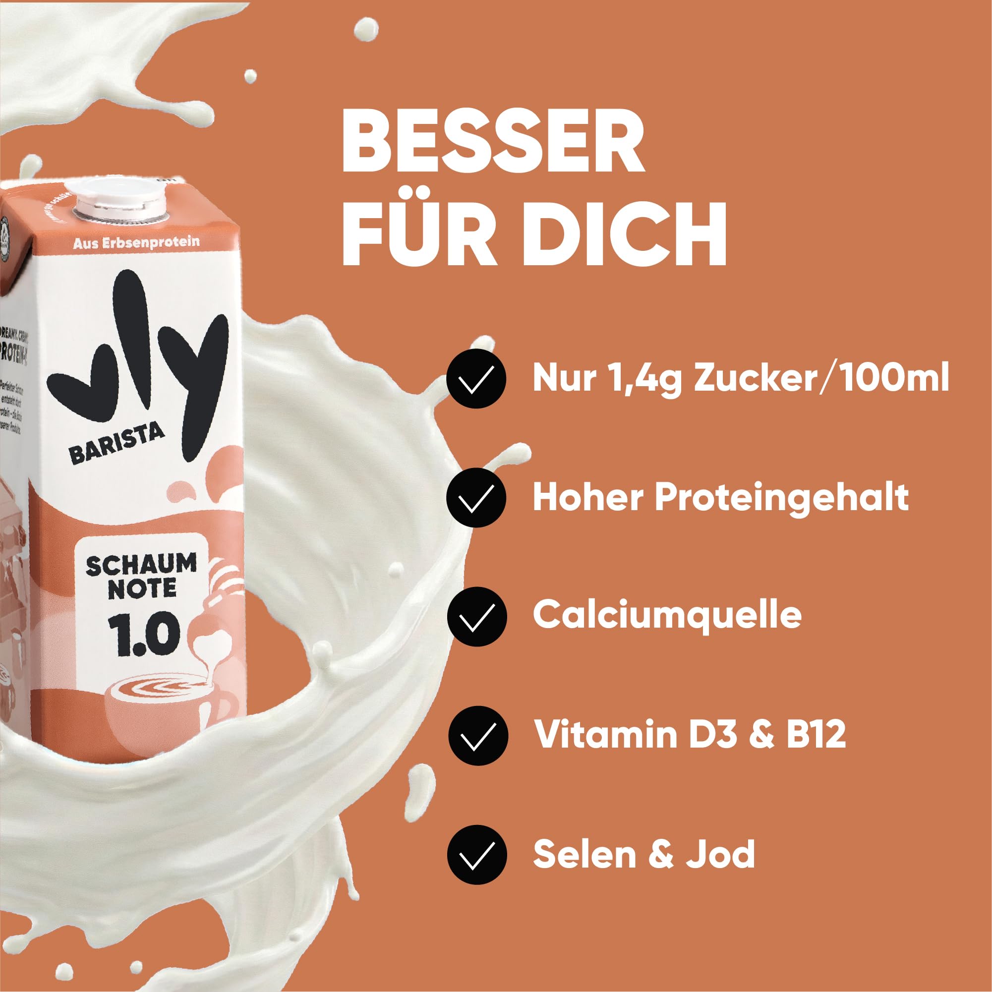vly BARISTA - Die vegane Milchalternative aus Erbsenprotein | Cremiger Schaum | Reich an Ballaststoffen, Calcium, Vitaminen & Protein | Laktosefrei, Glutenfrei, Zuckerarm, Pflanzlich - 16x1L