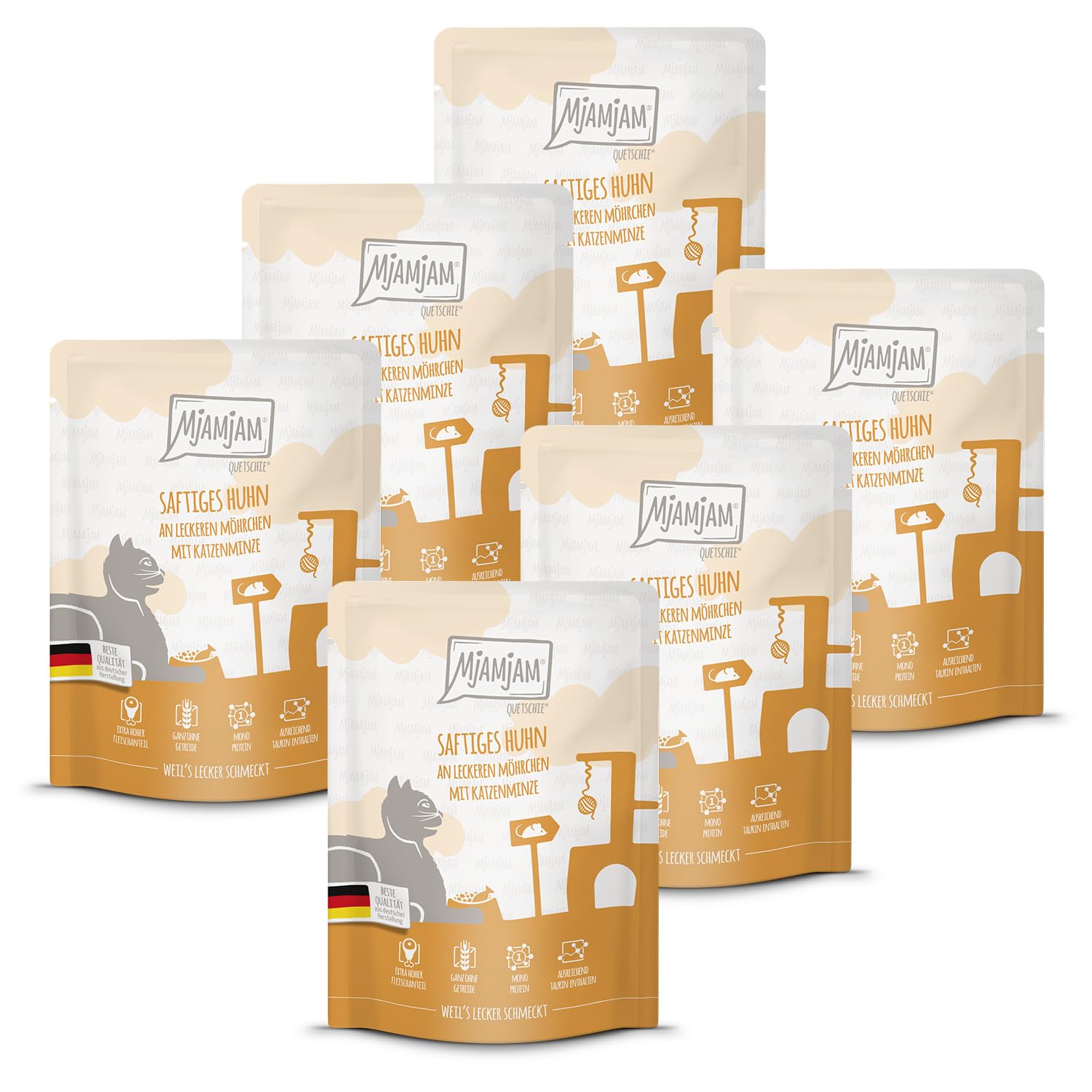 MjAMjAM - Premium Nassfutter für Katzen - saftiges Huhn an leckeren Möhrchen, 6er Pack (6 x 400 g), getreidefrei mit extra viel Fleisch