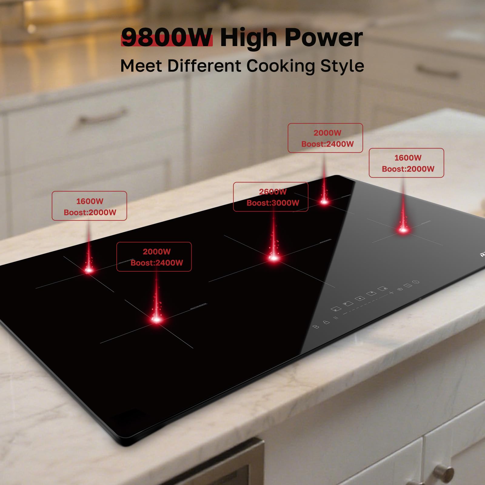 ThermoMate 30 Inch Induction Cooktop, 7200W Built in Induction Stove Top, Electric Cooktop with 4 Boost Burner, 9 Heating Level, Timer & Child Safety Lock, Sensor Touch Control, 240V