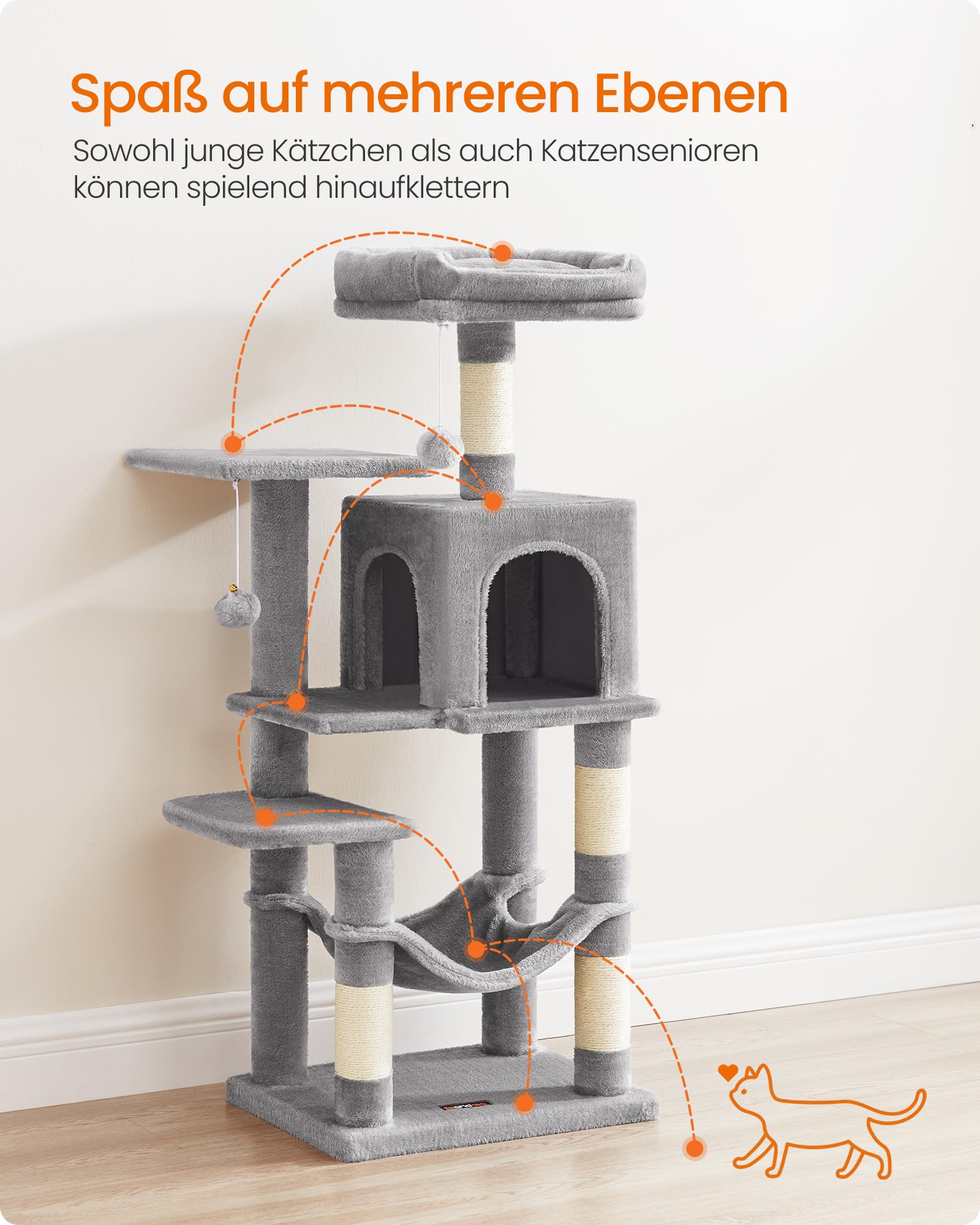 Feandrea Kratzbaum, 143 cm hoch, Katzenbaum, mehrstöckiges Katzenhaus, mit 4 Kratzsäulen, 2 Plattformen, Hängematte, Höhle, hellgrau PCT161W01