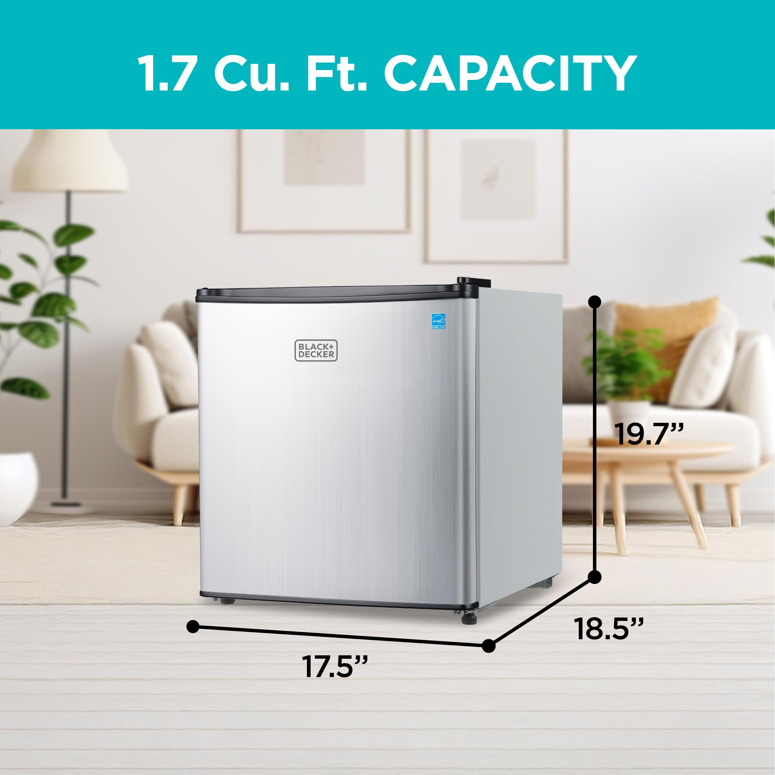 BLACK+DECKER 1.7 Cu. Ft. Compact Refrigerator, ENERGY STAR Certified, Single Door Mini Fridge with Chiller Compartment, Personal Fridge for Home or Dorm Room, R600a Refrigerant, BCRK17W, White
