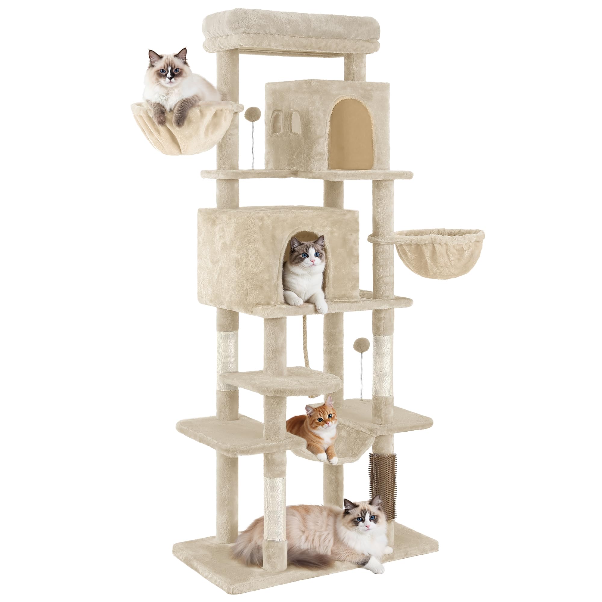 YITAHOME Kratzbaum, Katzenkratzbaum, für Große Katze, Katzenbaum, Katzenbürsten, 11 cm Dicke Stämme, Große Plattformen, Plüschkissen, Höhle, 50 x 50 x 157 cm, Beige