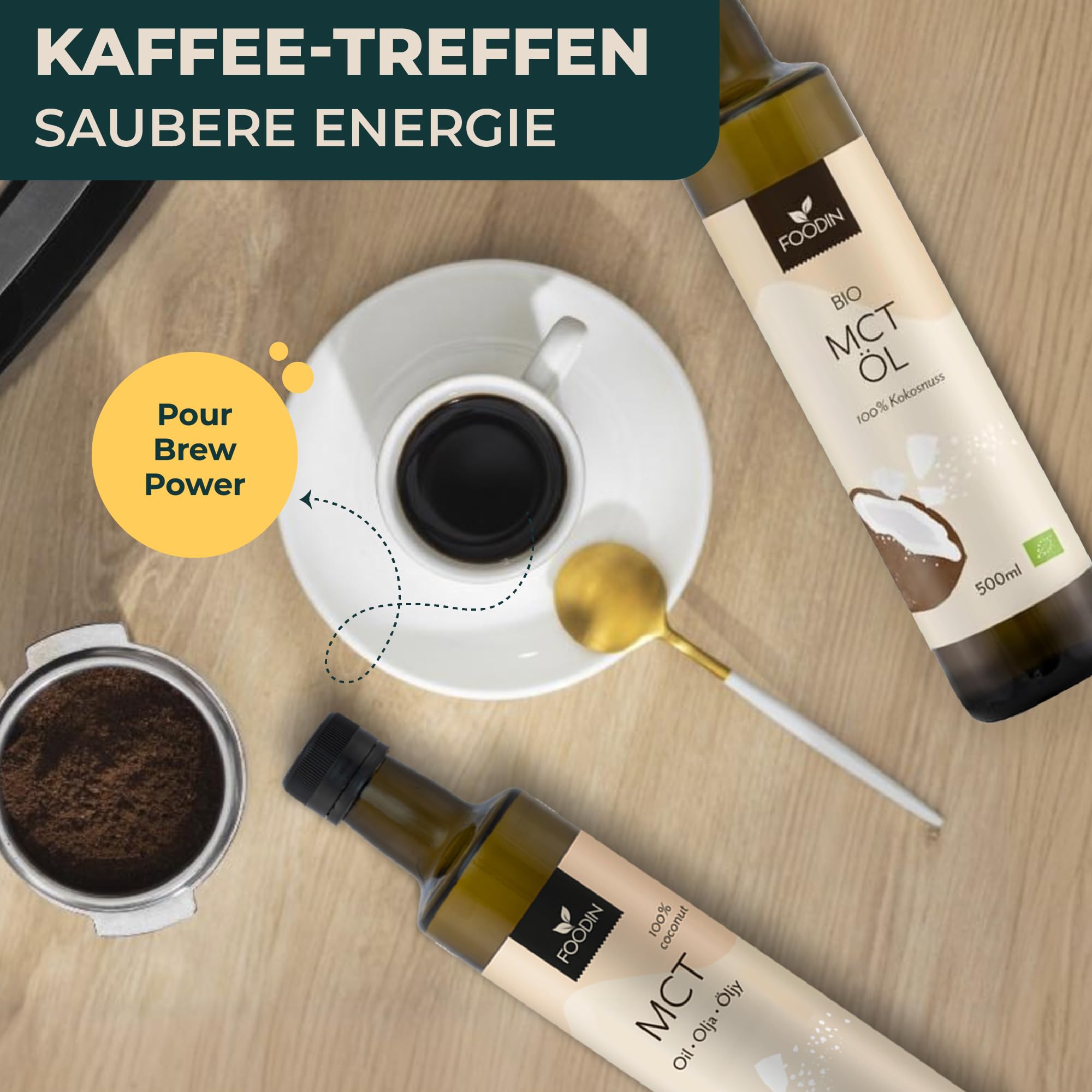 FOODIN MCT Öl 1000ml (2 x 500 ml) aus 100% Kokosöl, Medium-Chain Triglyceride (MCT) Oil, Hergestellt aus produzierter Kokosnuss, 100% glutenfrei und vegan, Ideal für Ketogene Ernährung