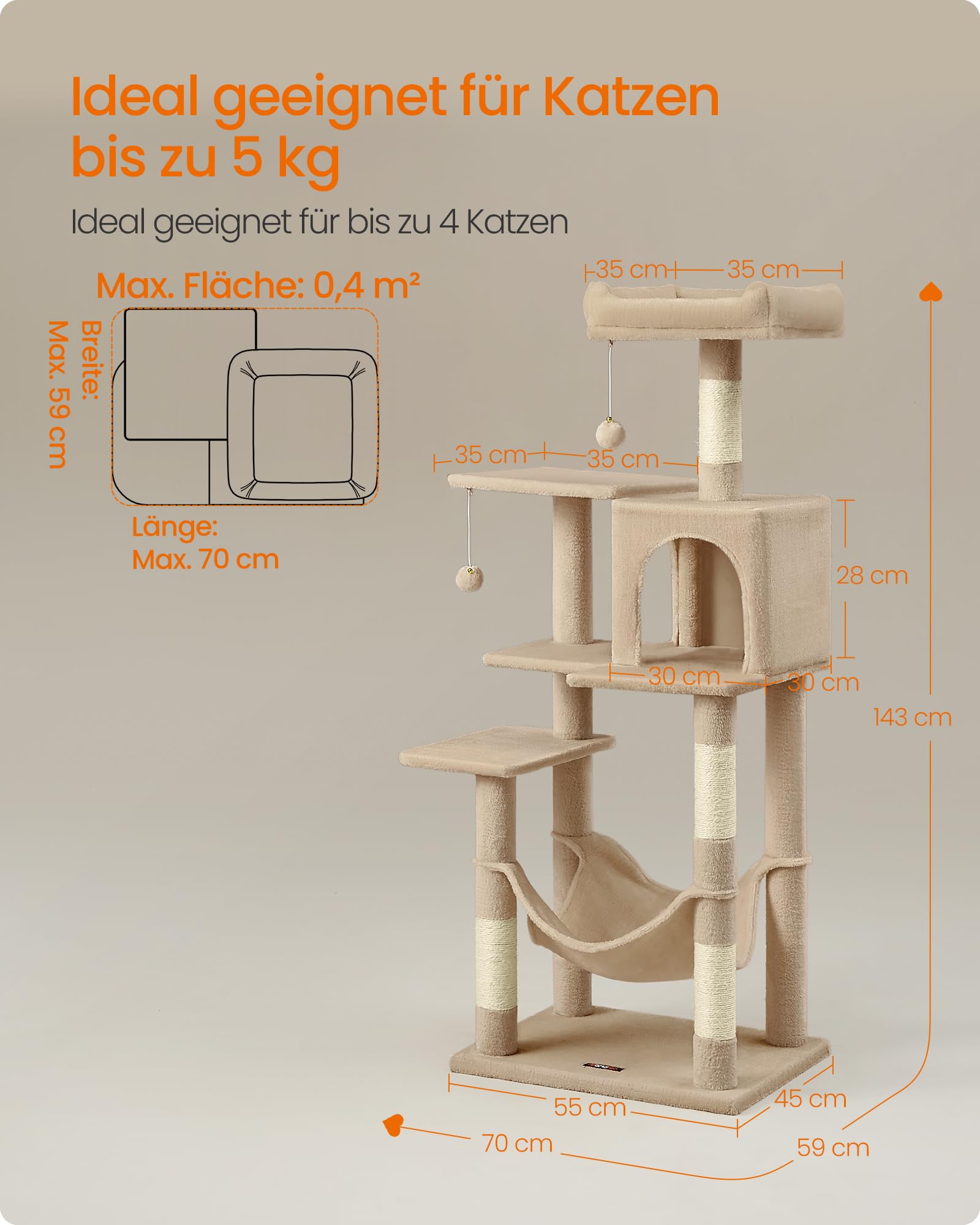 Feandrea Kratzbaum, 143 cm hoch, Katzenbaum, mehrstöckiges Katzenhaus, mit 4 Kratzsäulen, 2 Plattformen, Hängematte, Höhle, hellgrau PCT161W01