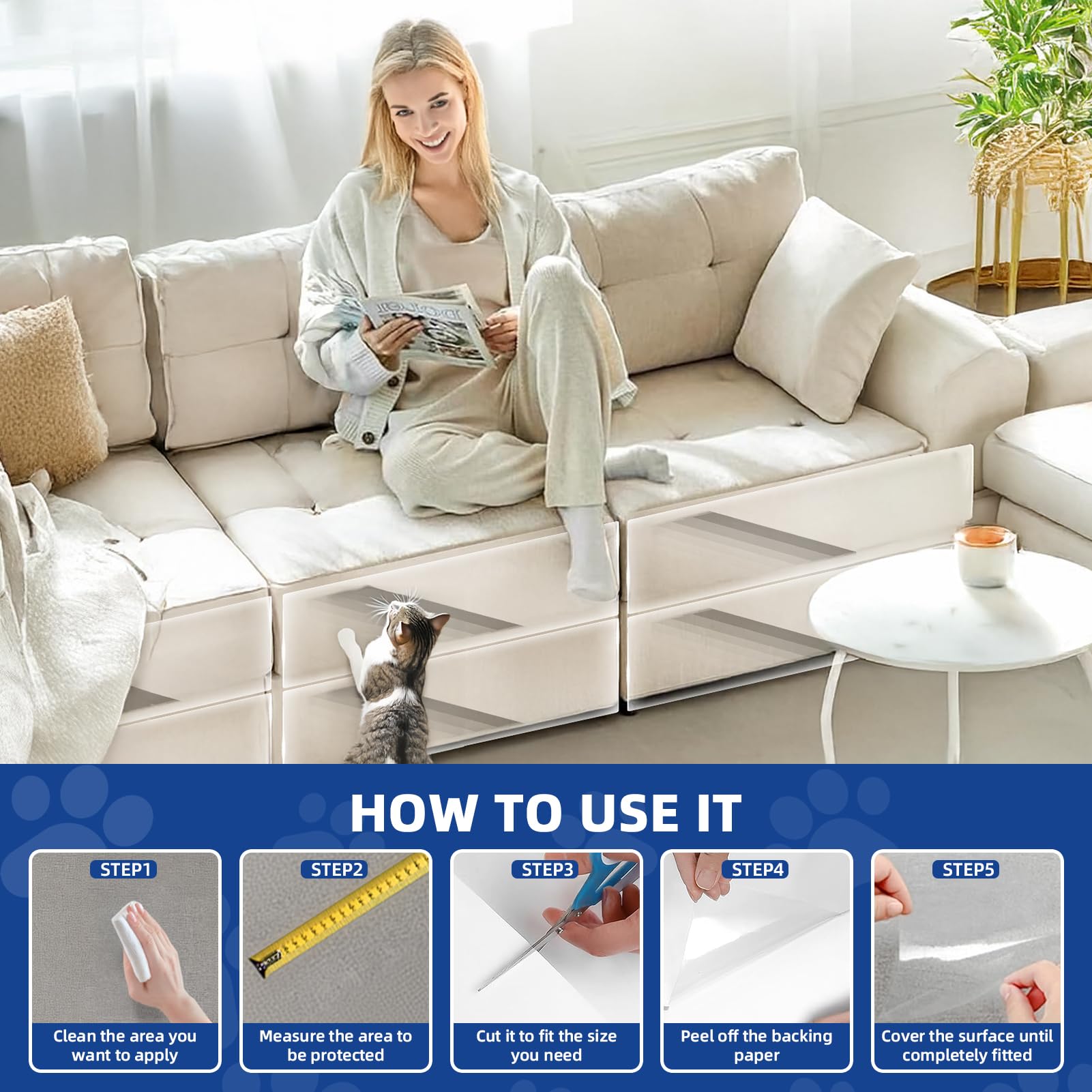 Kratzschutz Sofa Katze Transparent 5m x 42cm: TOOSOFt Katzen Kratzschutz Selbstklebend Tape Extra Lang - Anti Kratz Folie für Katzen Flexibler Schnitt - Sofaschutz Katze für Moebel Couch Tür Wand