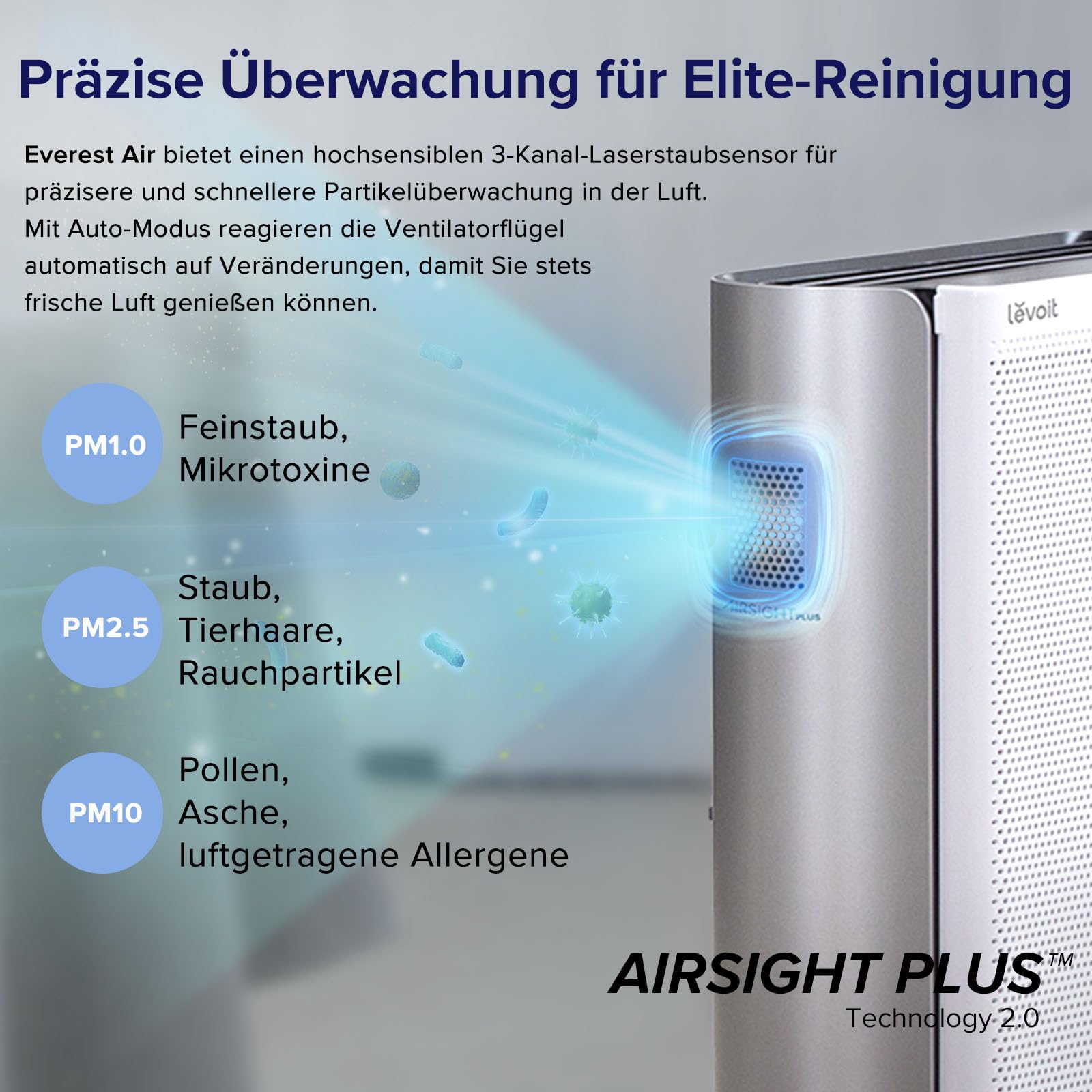 Levoit Luftreiniger mit HEPA Luftfilter gegen 99,97 Prozent Schimmel Staub Pollen Tierhaare, Luftqualitäts-Feedback und Auto-Modus, CADR 240m³/h für Raucherzimmer, bis zu 50m², Weiß