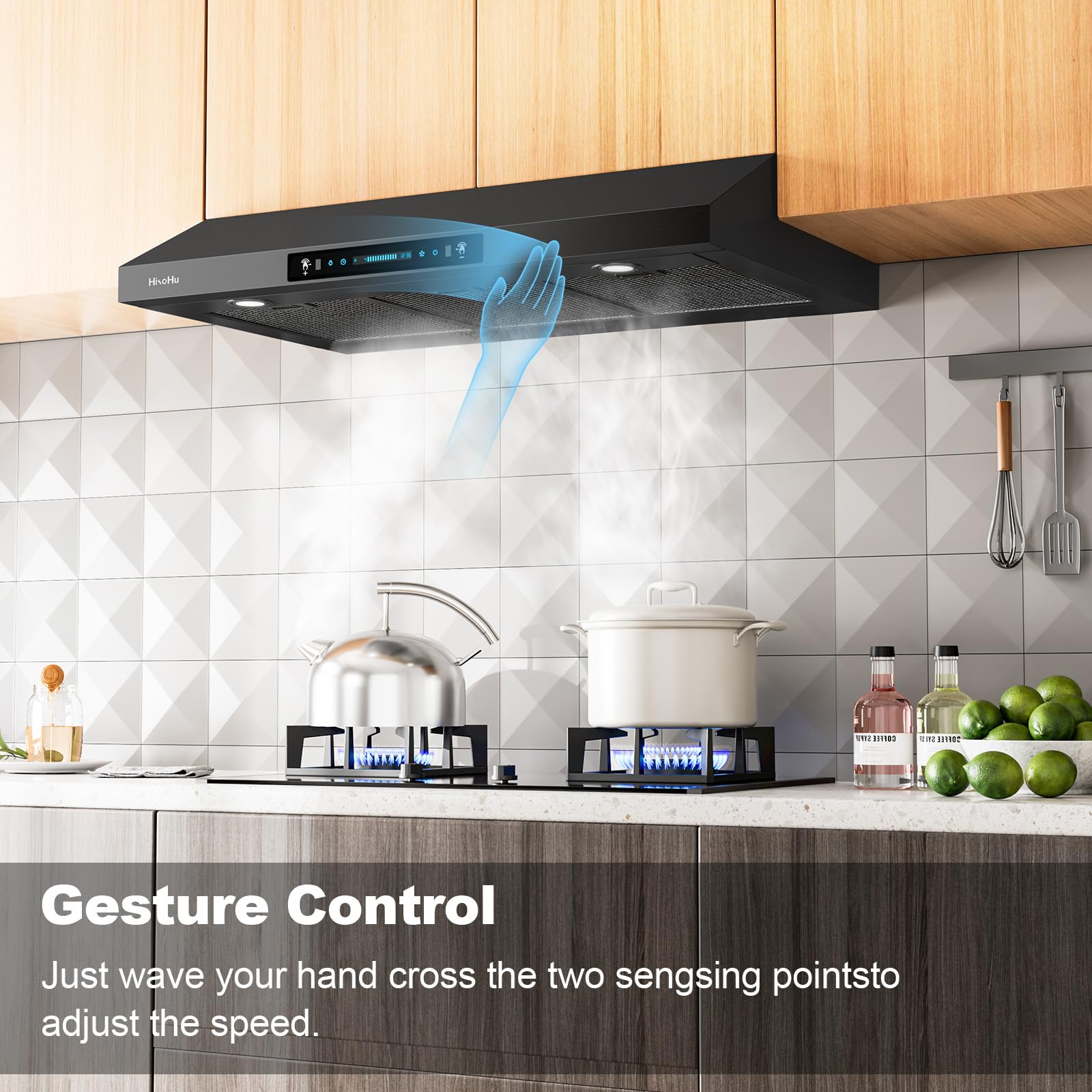 HisoHu 30 Inch Under Ducted Cabinet Range Hood with 1200 CFM, 4 Speed Gesture Sensing Kitchen Exhaust Hood & Touch Control Panel, Stainless Steel Stove Vent Hood with 2 LED Lights