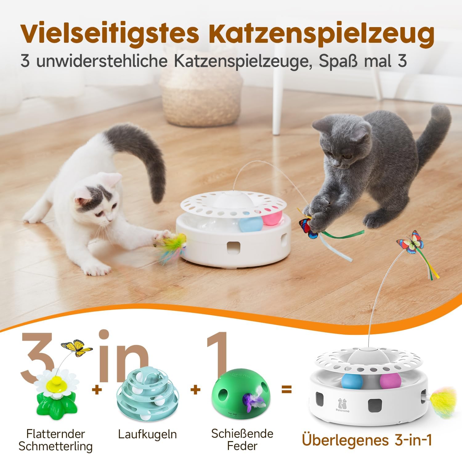 Potaroma 3-in-1 Interaktives Elektrisches Katzenspielzeug – Automatisches Federspiel, Flatternder Schmetterling & Katzenballbahn – USB-betrieben & Batteriebetriebenes für Wohnungskatzen