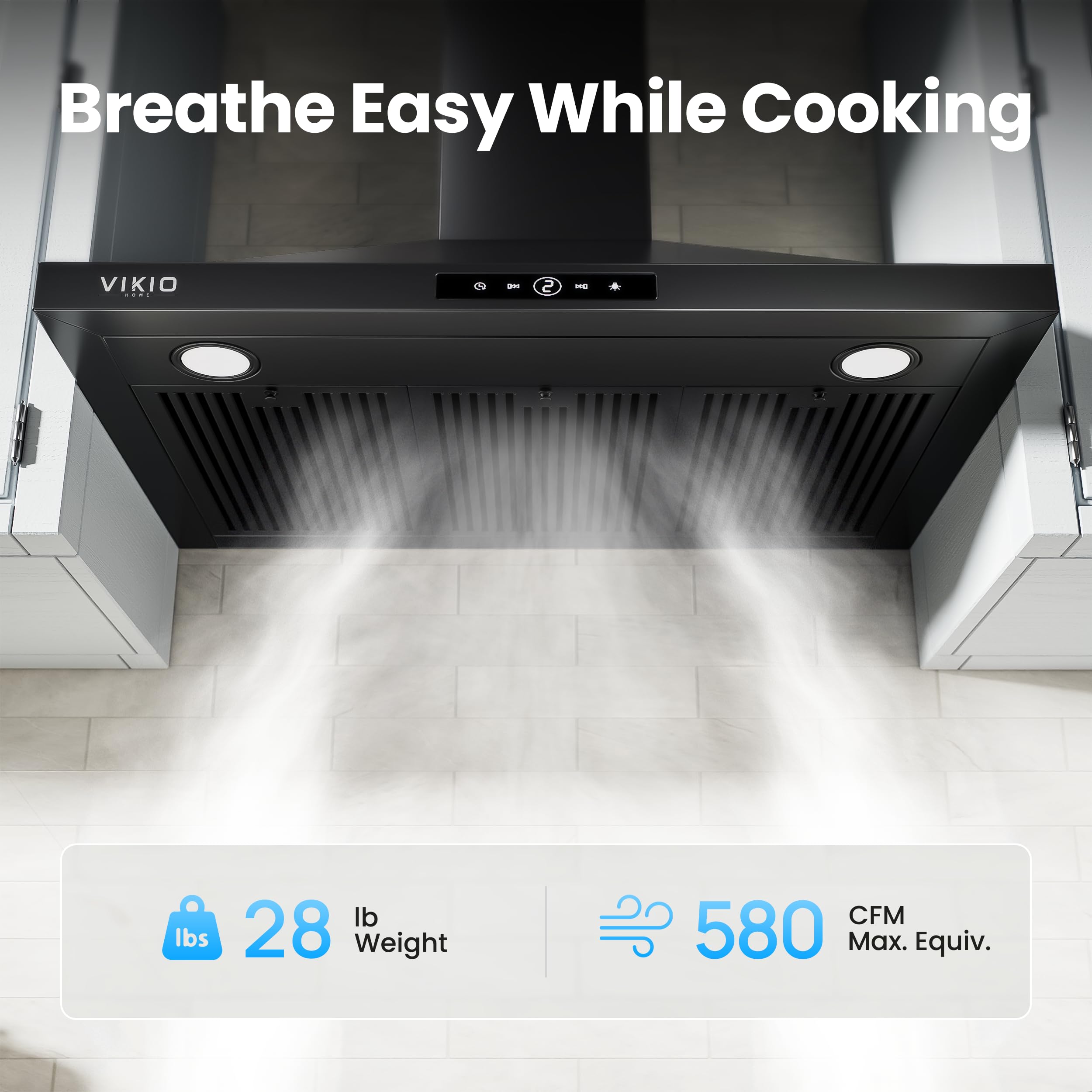 VIKIO HOME Wall Mount Range Hood 30 inch, 580 CFM, Ducted/Ductless Convertible, Stainless Steel Kitchen Vent Hood with 3-Speed Fan and LED Lights