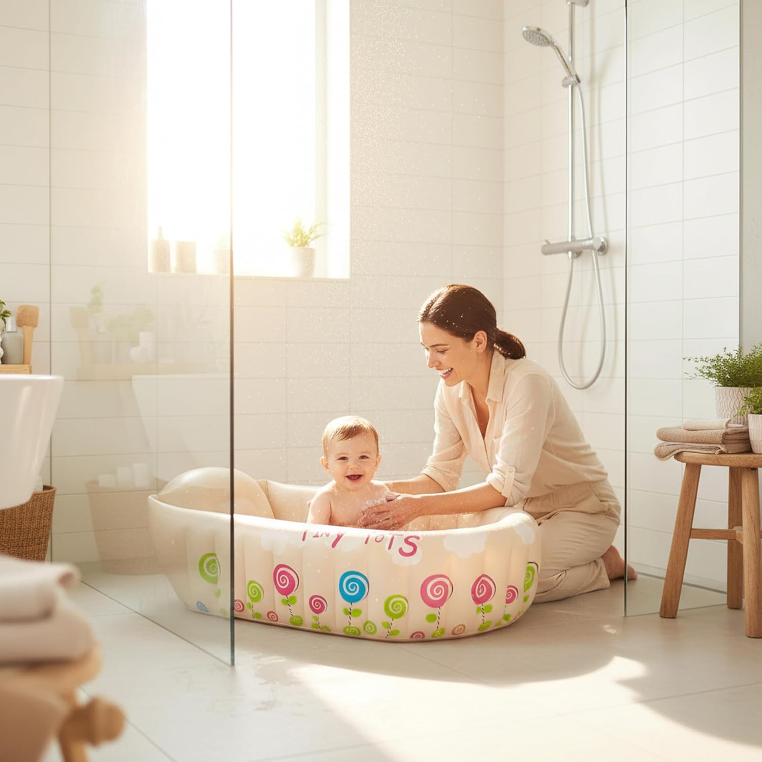 SunClub Baby Badewanne aufblasbar Planschbecken 91x61x29 cm Pool für Kinder mit Warnanzeige Thermometer faltbar für die Dusche oder unterwegs