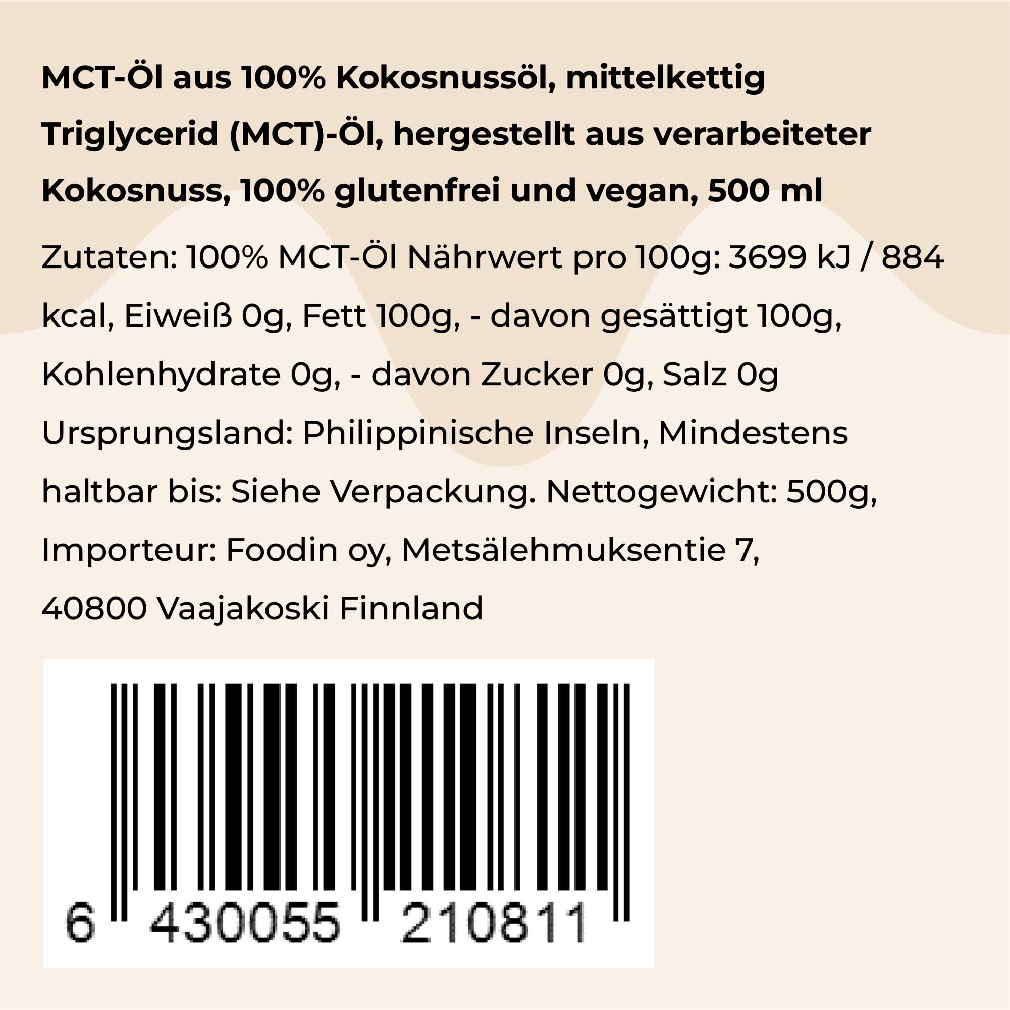 FOODIN MCT Öl 1000ml (2 x 500 ml) aus 100% Kokosöl, Medium-Chain Triglyceride (MCT) Oil, Hergestellt aus produzierter Kokosnuss, 100% glutenfrei und vegan, Ideal für Ketogene Ernährung