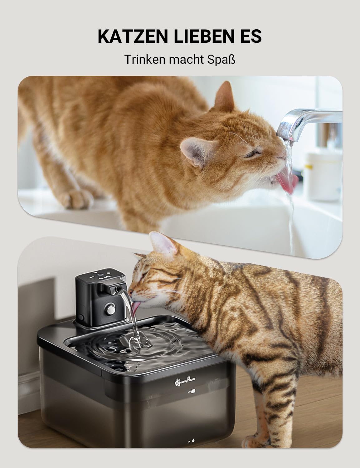 DownyPaws 2.5L Trinkbrunnen für Katze Kabellos, Katzenbrunnen Kabellos mit Bewegungsmelder, Batteriebetrieben Katzentrinkbrunnen, 4000mAh, Leise Wasserpumpe, Tablett aus Edelstahl für Katze, Schwarz