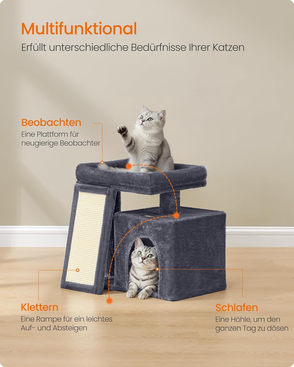 Feandrea Kratzbaum, Katzenbaum mit Kratzsäulen, Rampe, Katzenkratzbaum, 2 große Plattformen, Höhle und Korb, 85,8 cm hoch, Taubengrau PCT013GD01