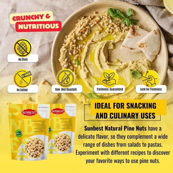 Sunbest Natural Raw Pine Nuts, 2lbs – Unsalted & Unroasted – Shelled Pignoli Nuts For Pesto, Baking, Salads & Cooking – Non-GMO, Vegan, Healthy Snack