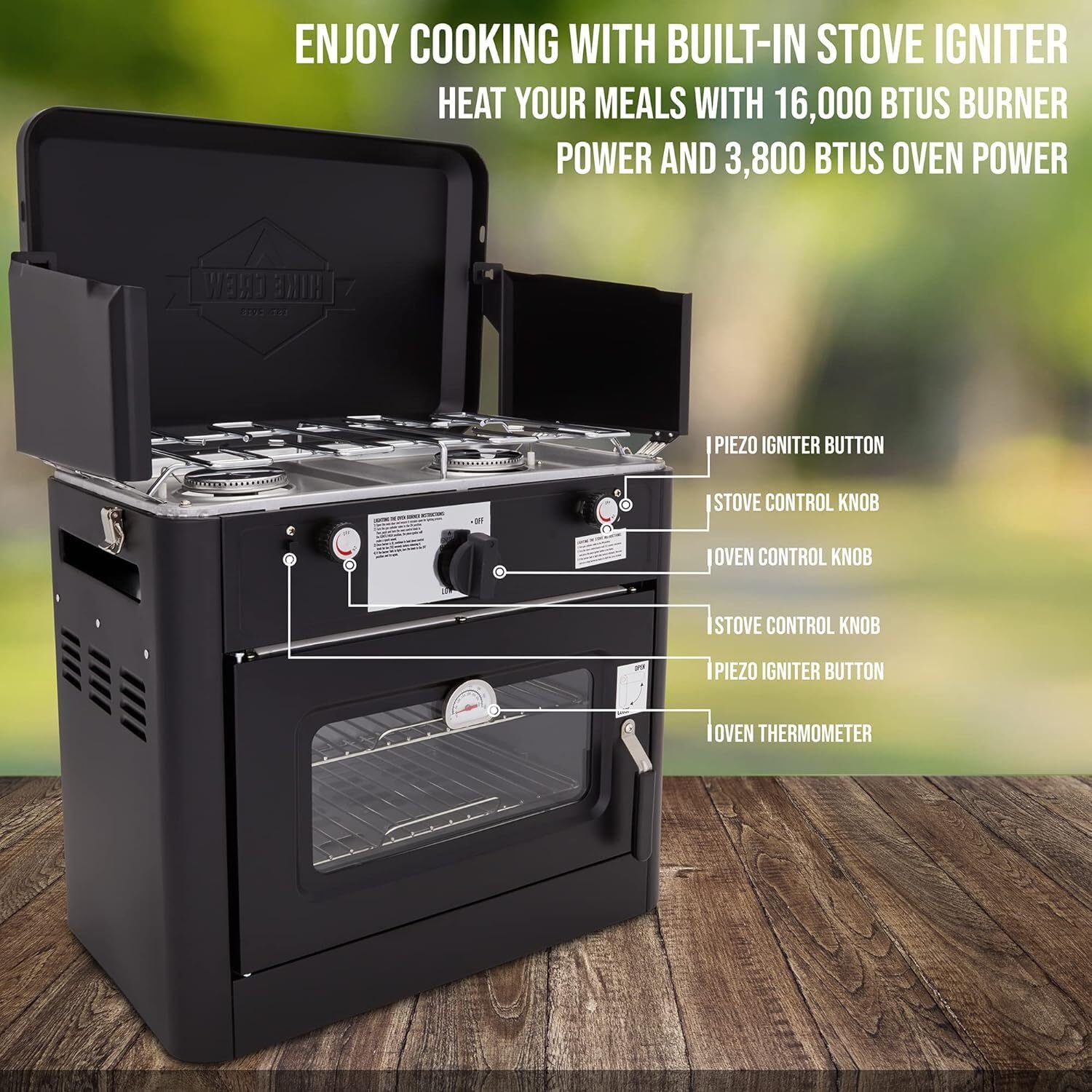 Hike Crew Outdoor Gas Camping Oven w/Carry Bag | CSA Approved Portable Propane-Powered 2-Burner Stove & Oven | Auto Ignition, Overheat Safety Shutoff, Built-In Thermometer | Hose & Regulator Included