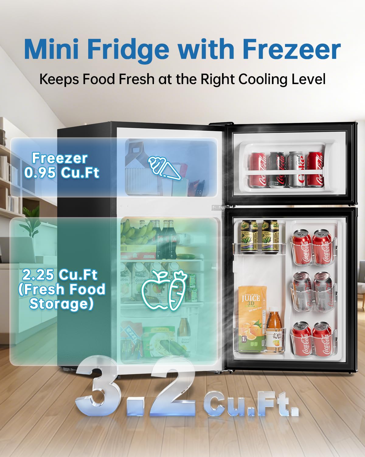 Frostorm 3.2 Cu Ft Mini Fridge with Freezer - Energy Efficient, Large Capacity Single Door Upright Freezer for Bedroom, Office & Dorm | Small Fridge, Reversible Door, ETL Certified(Black)