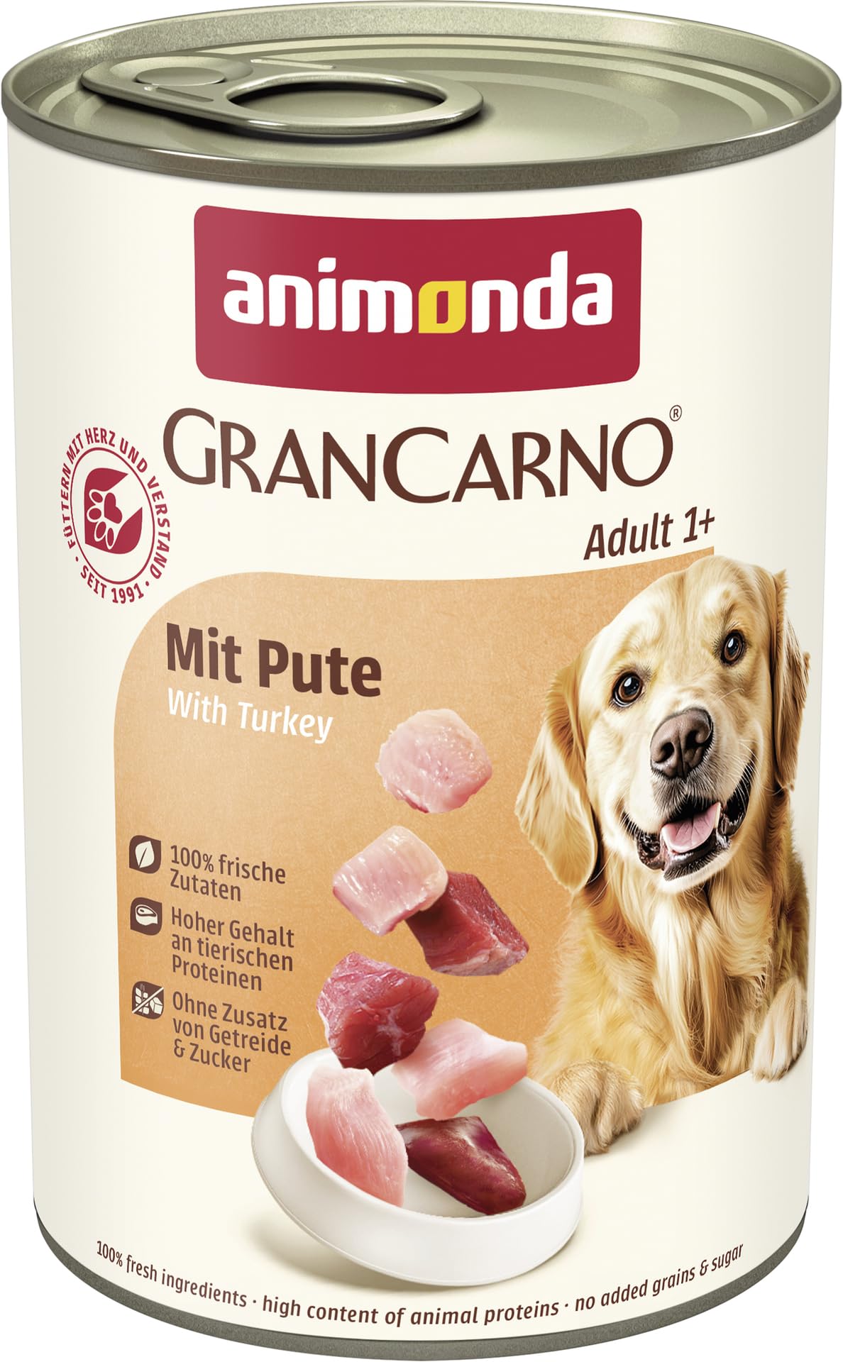 animonda GranCarno Hunde Nassfutter mit Rind + Entenherzen (6 x 800 g), getreidefreies Hundenassfutter ohne Zucker, für ausgewachsene Hunde, mit frischen fleischigen Zutaten