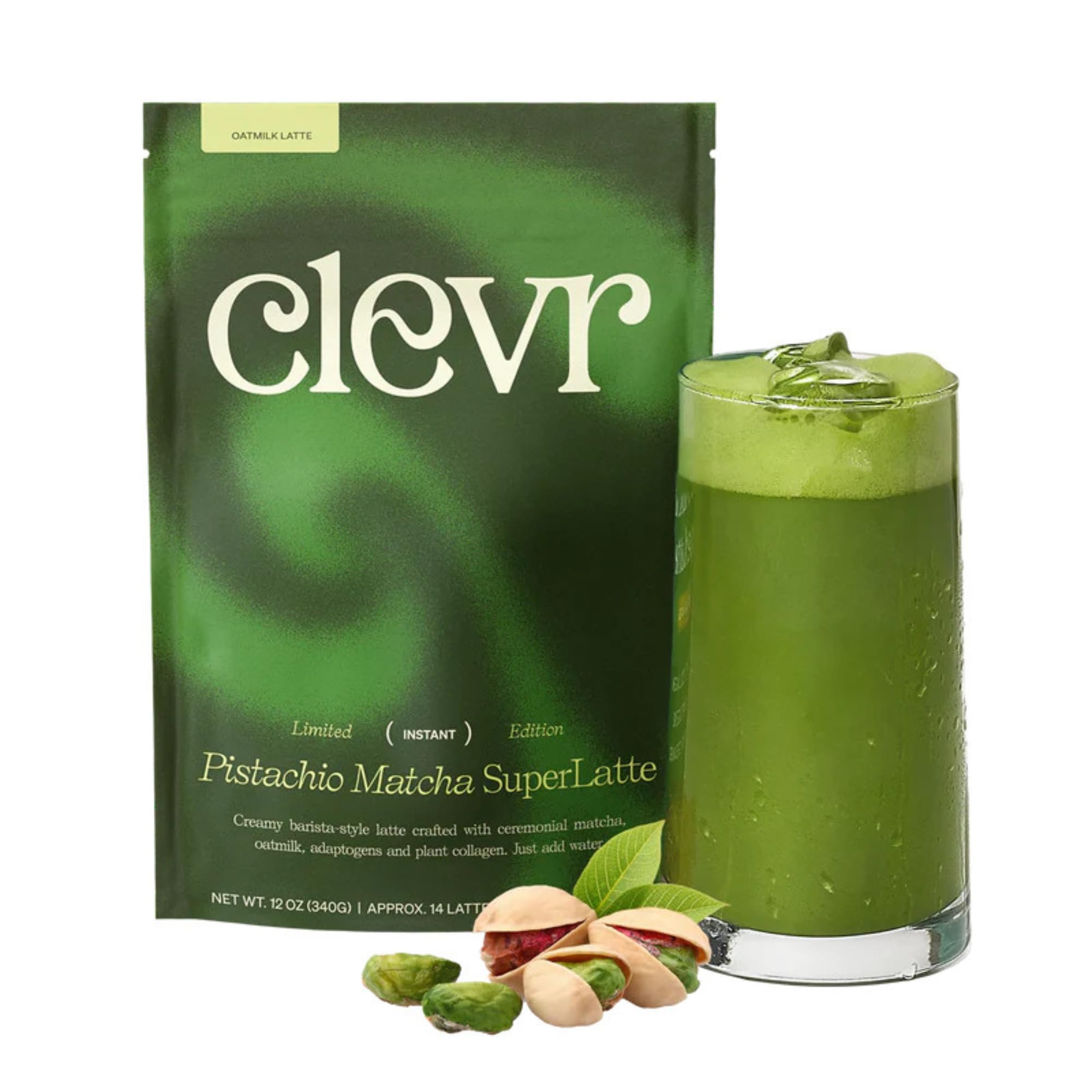 Clevr Organic Matcha Green Tea Latte, Instant Ceremonial Grade, Superfood Powder Blend with Oat Milk, Lions Mane, Reishi Mushroom, Coconut Cream, Ashwagandha, Serve Hot or Iced, (14 Lattes)