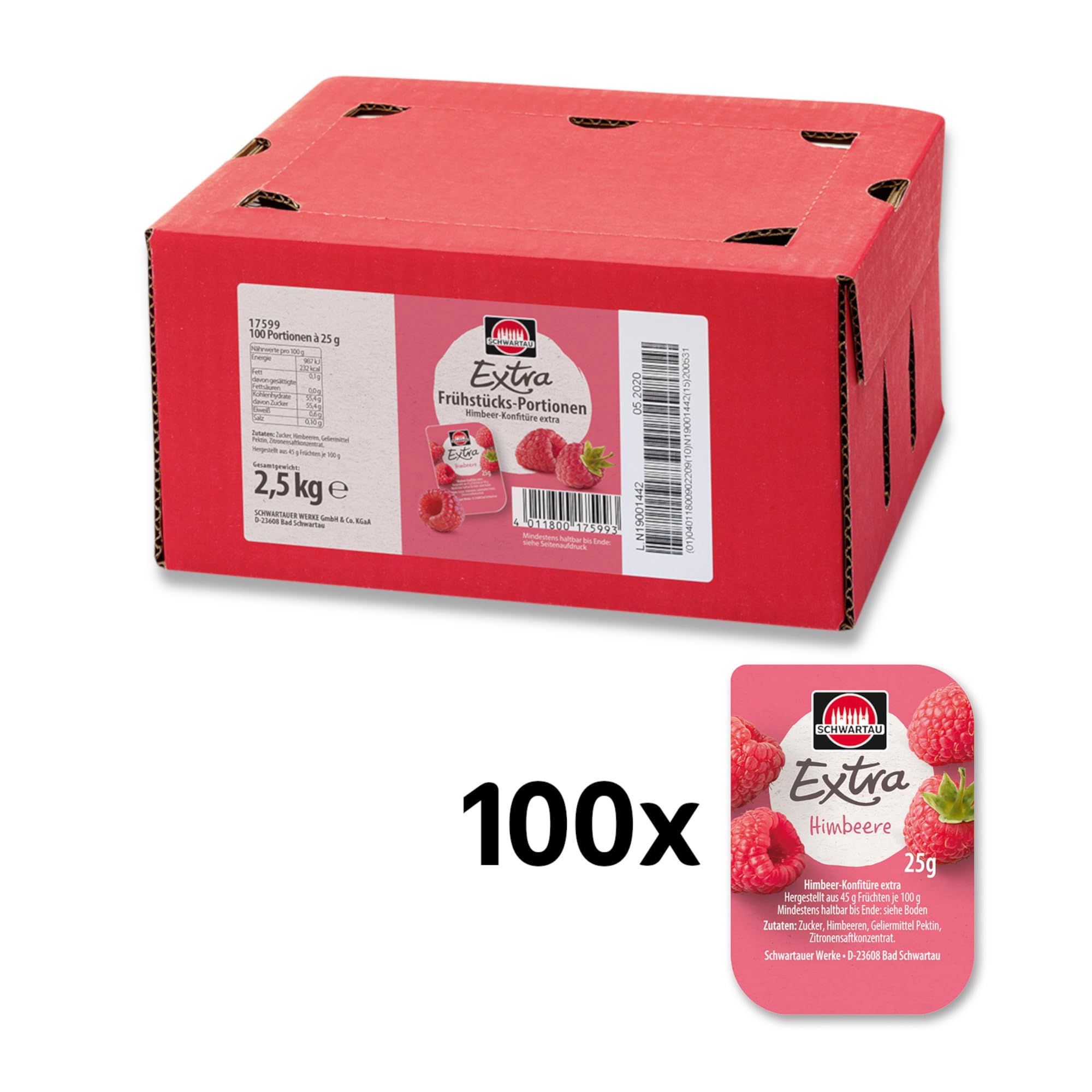 Schwartau Samt Portionen Mix-Box, Konfitüre Portionsschalen (50 x Erdbeere, 25 x Aprikose, 25 x zweierlei Kirsch), Großpackung, 100 x 25g