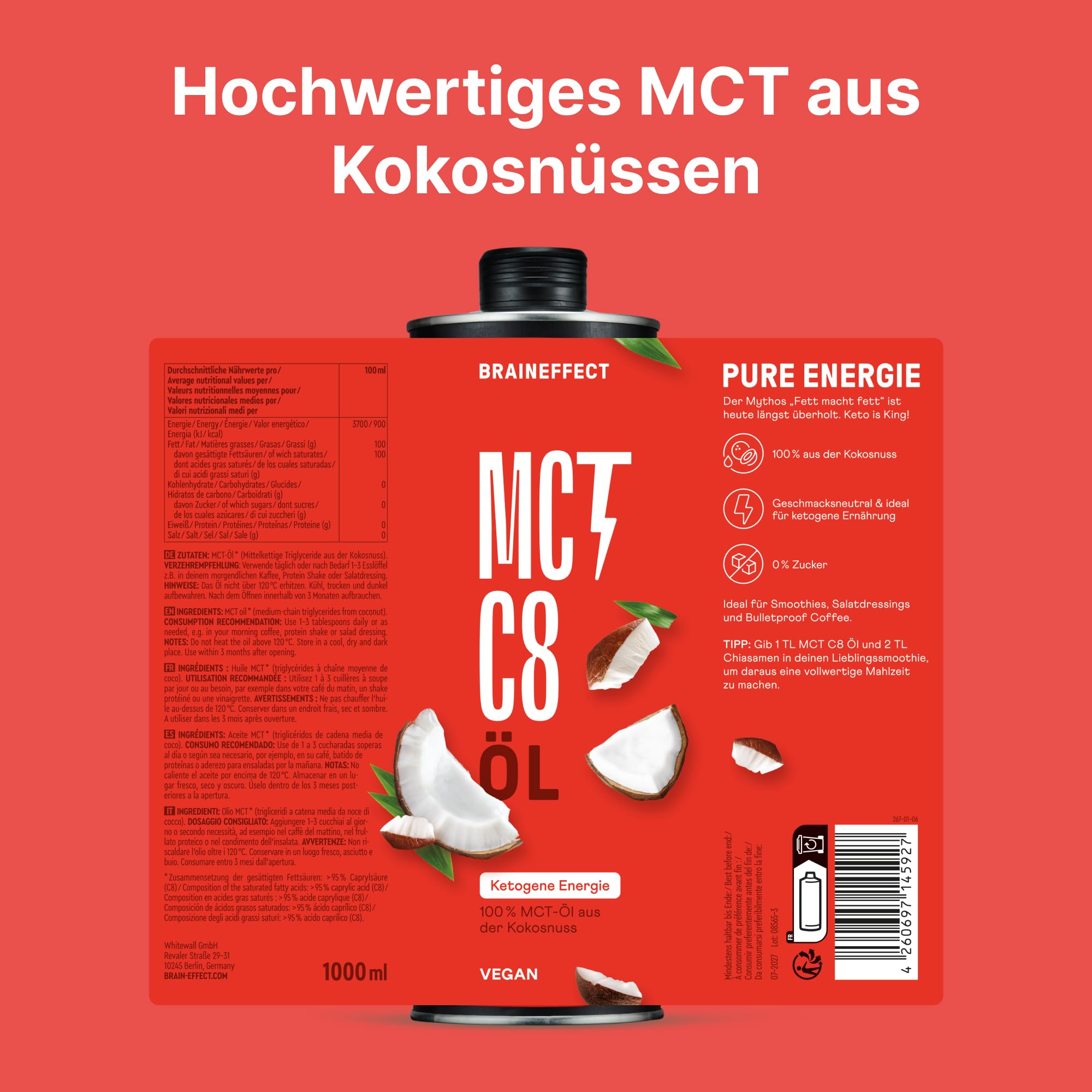 BRAINEFFECT MCT-Öl C8 – Reiner Extrakt aus Kokosöl, Bildet 3x mehr Ketone als andere MCT-Öle, Ideal für Low-Carb-, Paleo- und ketogene Ernährung & Bulletproof Coffee – 1 Liter