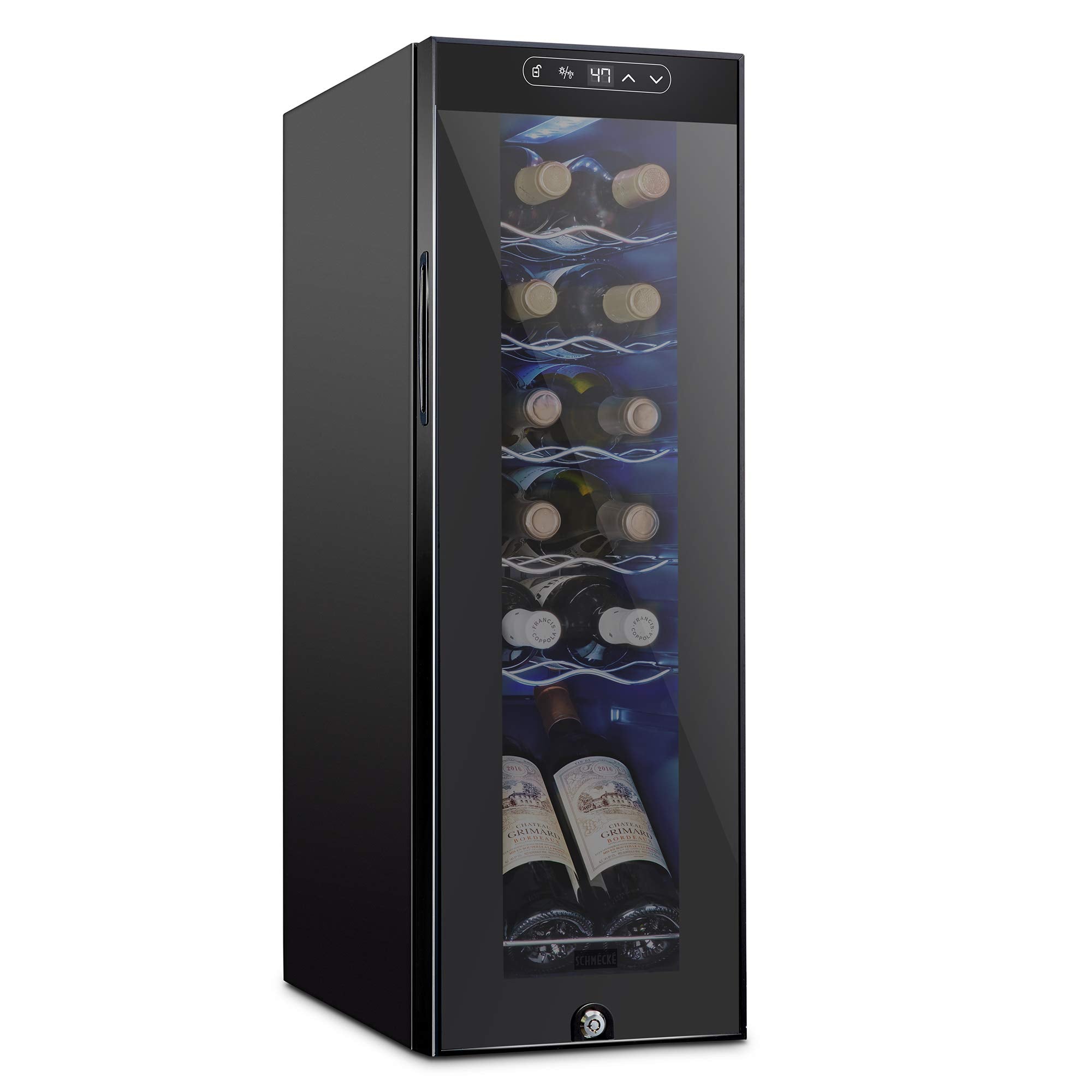 SCHMECKE 28 Bottle Compressor Wine Cooler Refrigerator w/Lock - Large Freestanding Wine Cellar - 41f-64f Digital Temperature Control Wine Fridge For Red, White, Champagne or Sparkling Wine - Black