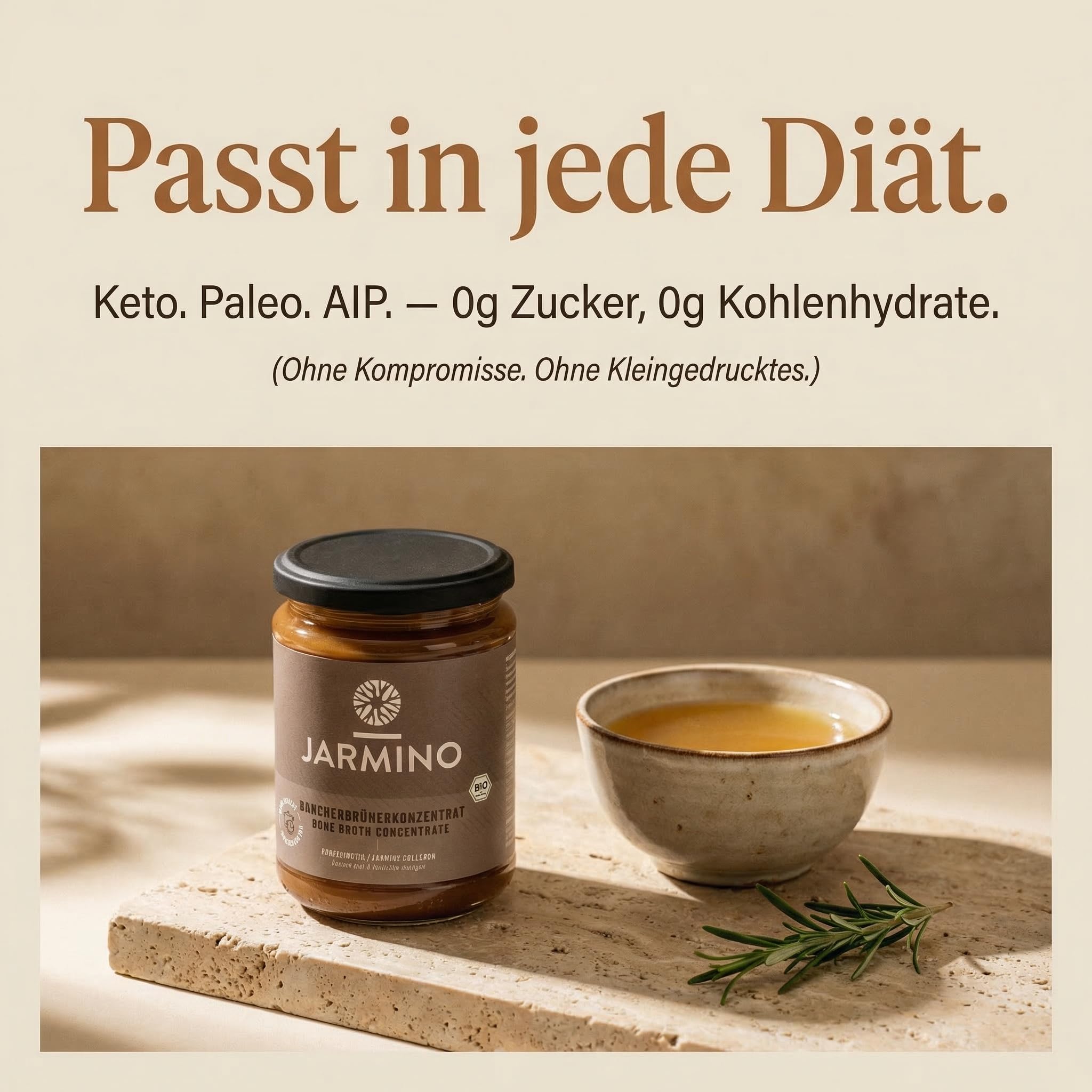 JARMINO Bio Rinderknochenbrühe Konzentrat, Grasgefütterte Brühe für Menschen, Flüssige Knochenbrühe mit Kollagenprotein, Keto, Paleo & AIP geeignet, Rinderbrühe, 440 g, 44 Portionen