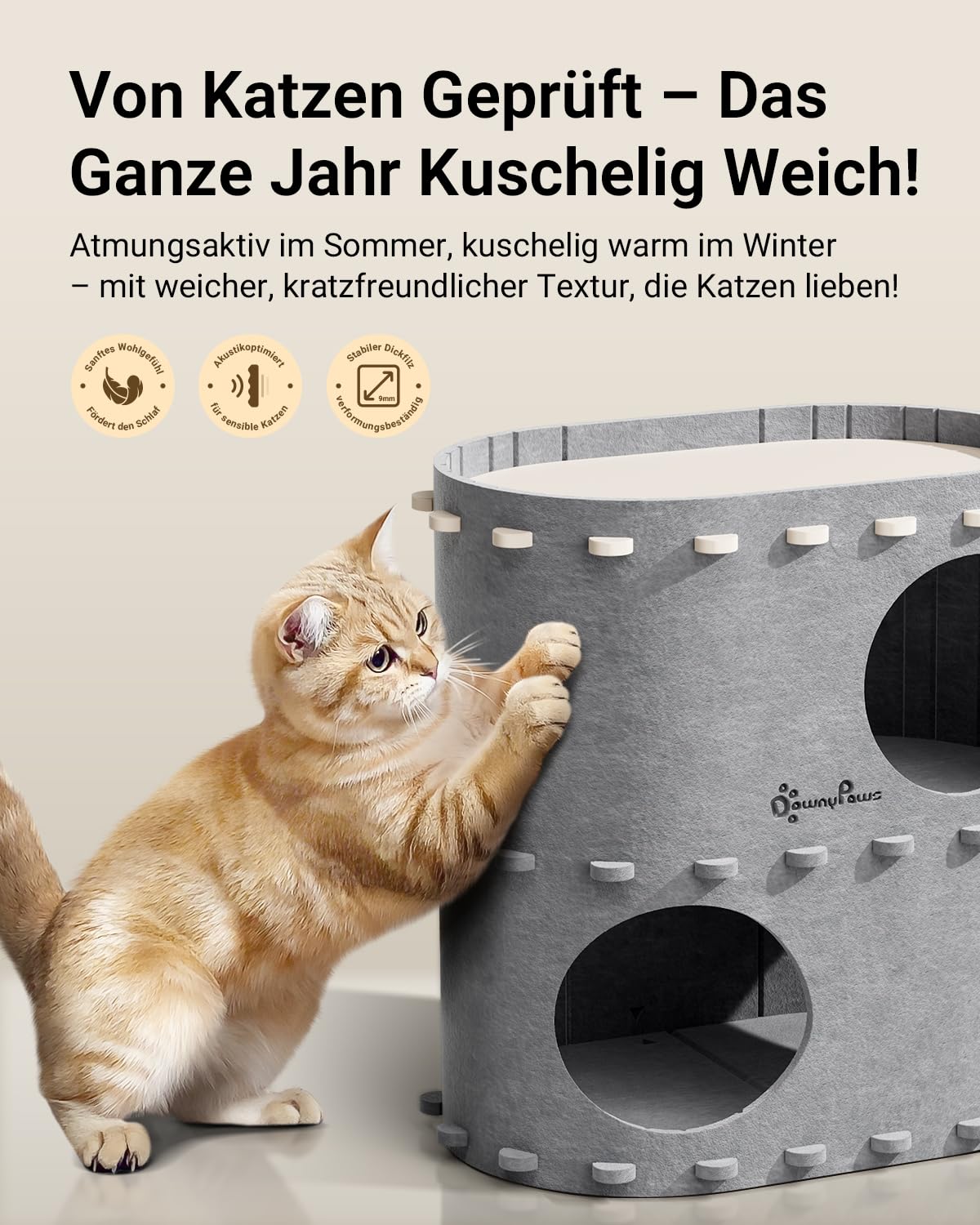 Katzenhöhle Filz, Katzenhaus aus Filz, Katzenbett, Katzenhöhle für Katzen, 58 x 33 x 30cm, Peek-a-Boo zum Spielen, Winterfest, Schutz der Katzennägel, Beige