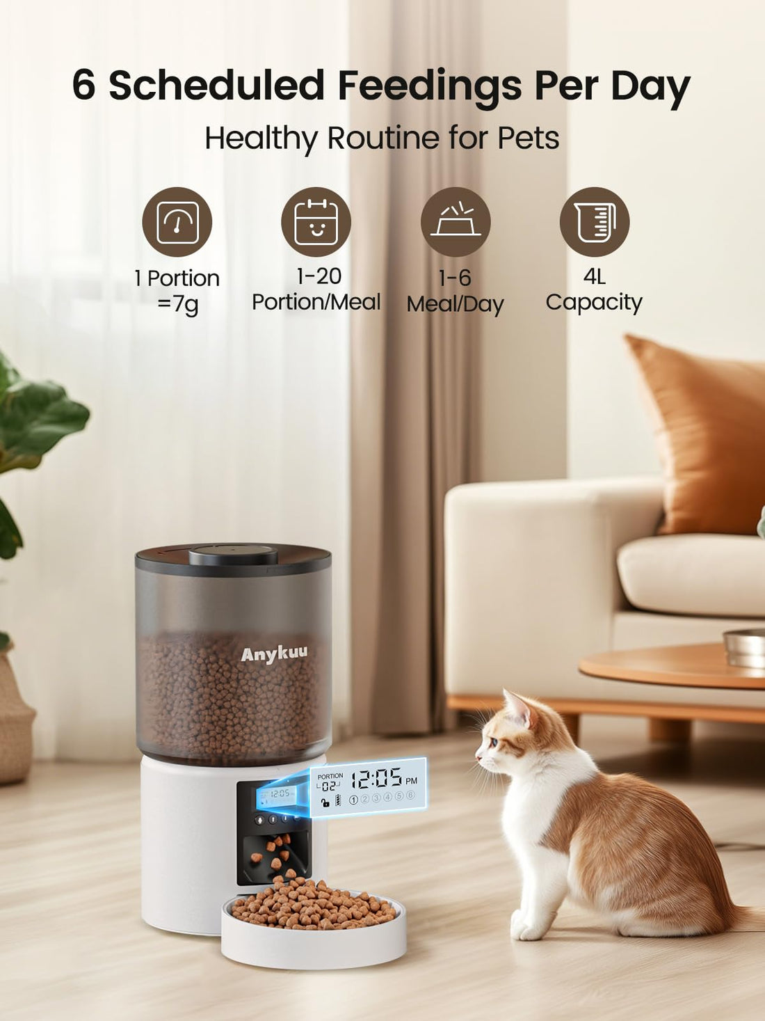 Anykuu Futterautomat Katze & Hund 4L Pet Feeder Cat mit Timer & Portionskontrolle 1-6 Mahlzeiten pro Tag Trockenfutterspender Hunde mit 10s Aufnahmefunktion für Kleine/Mittlere Haustiere