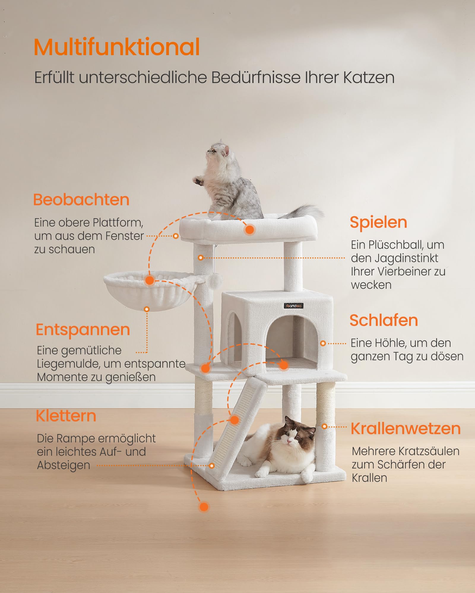Feandrea Kratzbaum, 96 cm hoch, Katzenbaum mit großer Plattform, Katzenkratzbaum mit Katzenhöhle, Hängematte, Kratzrampe, Plüschball, weicher Plüsch, hellgrau PCT51W