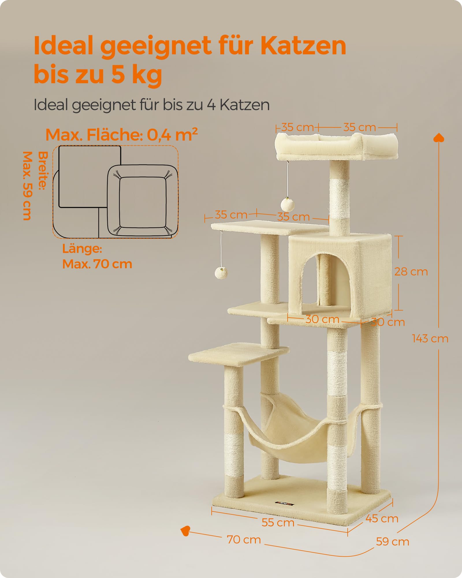 Feandrea Kratzbaum, 143 cm hoch, Katzenbaum, mehrstöckiges Katzenhaus, mit 4 Kratzsäulen, 2 Plattformen, Hängematte, Höhle, hellgrau PCT161W01