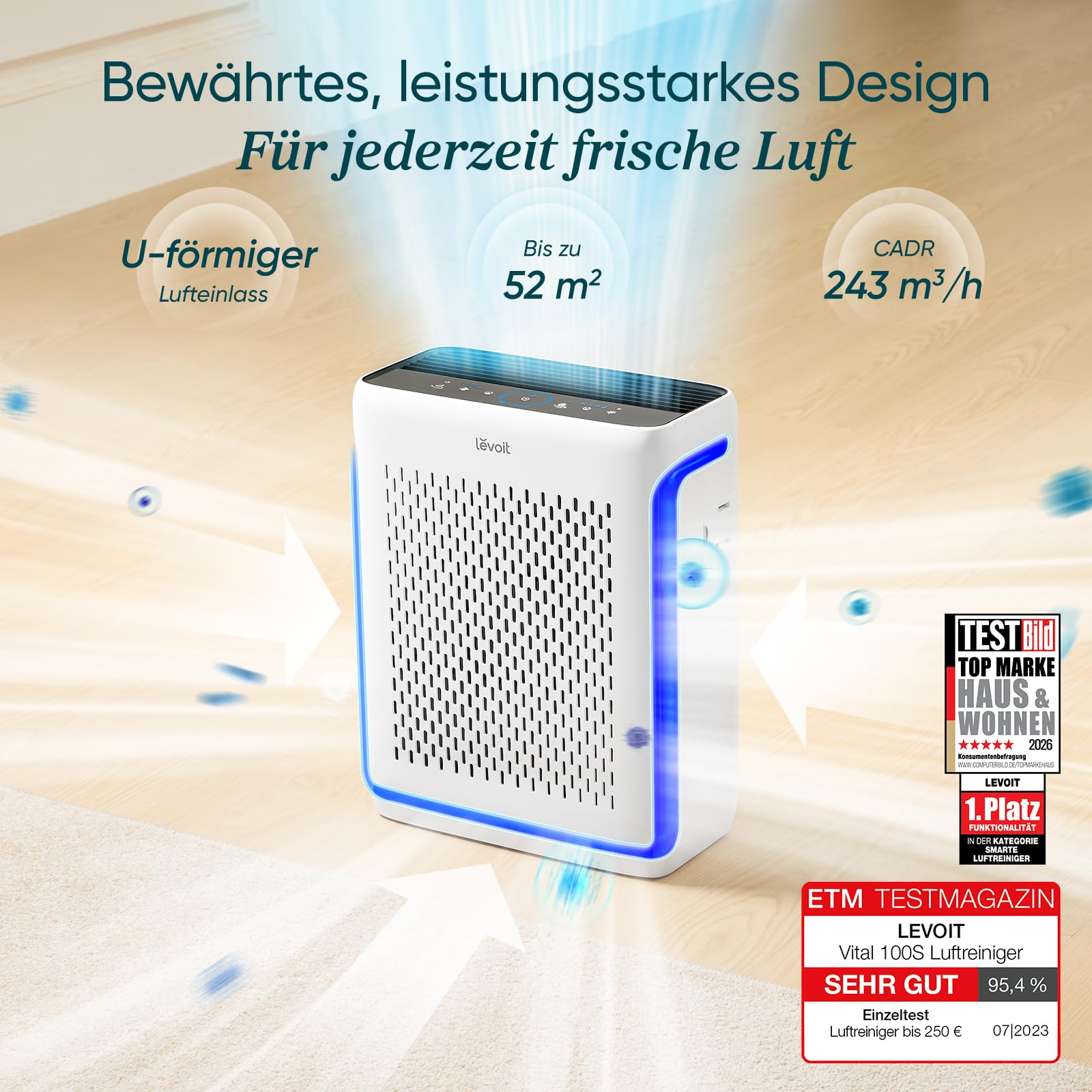 Levoit Luftreiniger mit HEPA Luftfilter gegen 99,97 Prozent Schimmel Staub Pollen Tierhaare, Luftqualitäts-Feedback und Auto-Modus, CADR 240m³/h für Raucherzimmer, bis zu 50m², Weiß