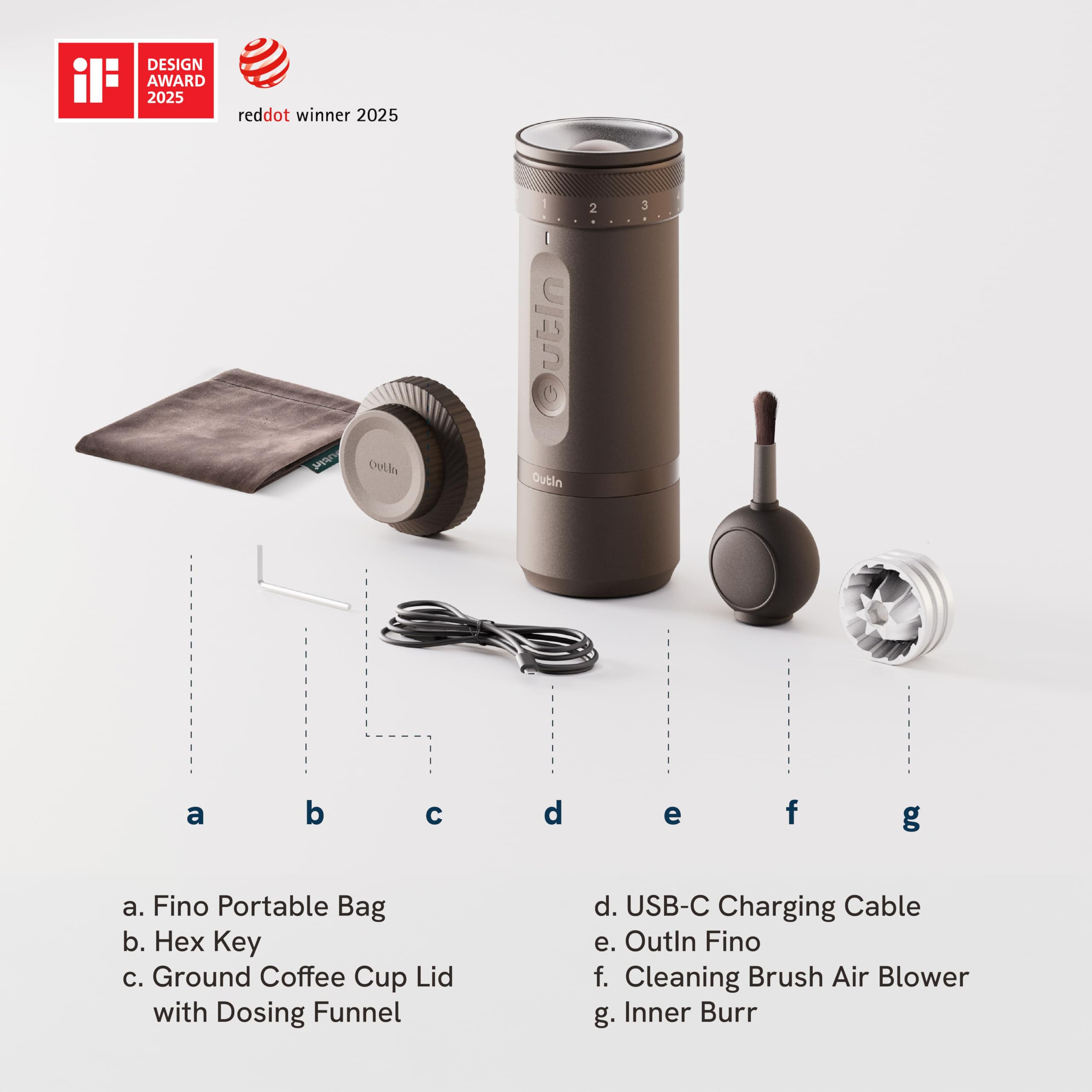 OutIn Fino Portable Electric Coffee Grinder,Adjustable Coffee Bean Grinder with 28 Precise Grind Setting,One-Button Burr Coffee Grinder with Fast‑Charge Battery, Auto‑Stop & Clog‑Protection