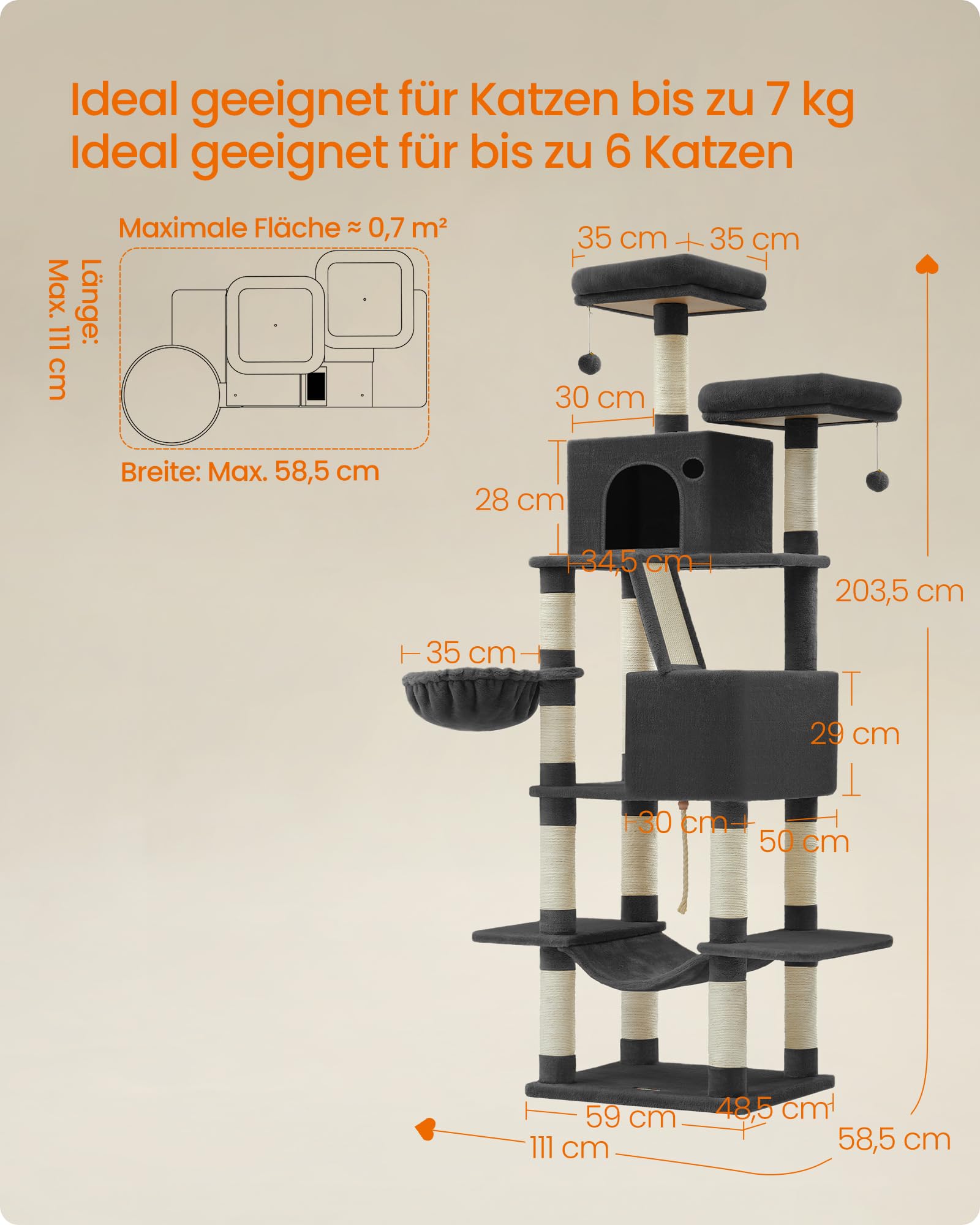 Feandrea Kratzbaum groß, 203,5 cm hoch, XXL Katzenbaum, mit 13 Kratzsäulen, 2 Plattformen, 2 Höhlen, Korb, Hängematte, Plüschbälle, mehrstöckiger Katzenkratzbaum, rauchgrau PCT190G01