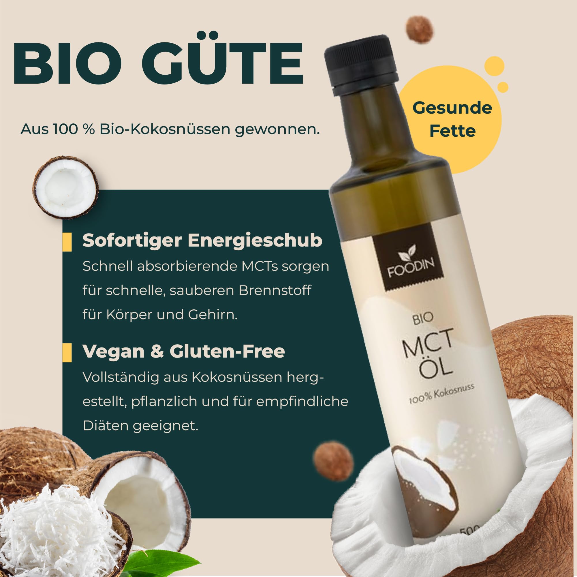 FOODIN MCT Öl 1000ml (2 x 500 ml) aus 100% Kokosöl, Medium-Chain Triglyceride (MCT) Oil, Hergestellt aus produzierter Kokosnuss, 100% glutenfrei und vegan, Ideal für Ketogene Ernährung