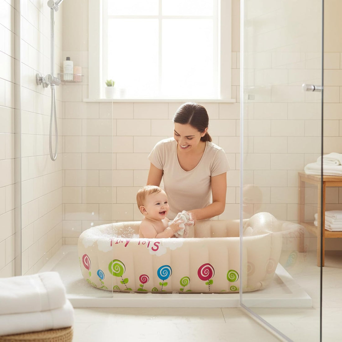 SunClub Baby Badewanne aufblasbar Planschbecken 91x61x29 cm Pool für Kinder mit Warnanzeige Thermometer faltbar für die Dusche oder unterwegs