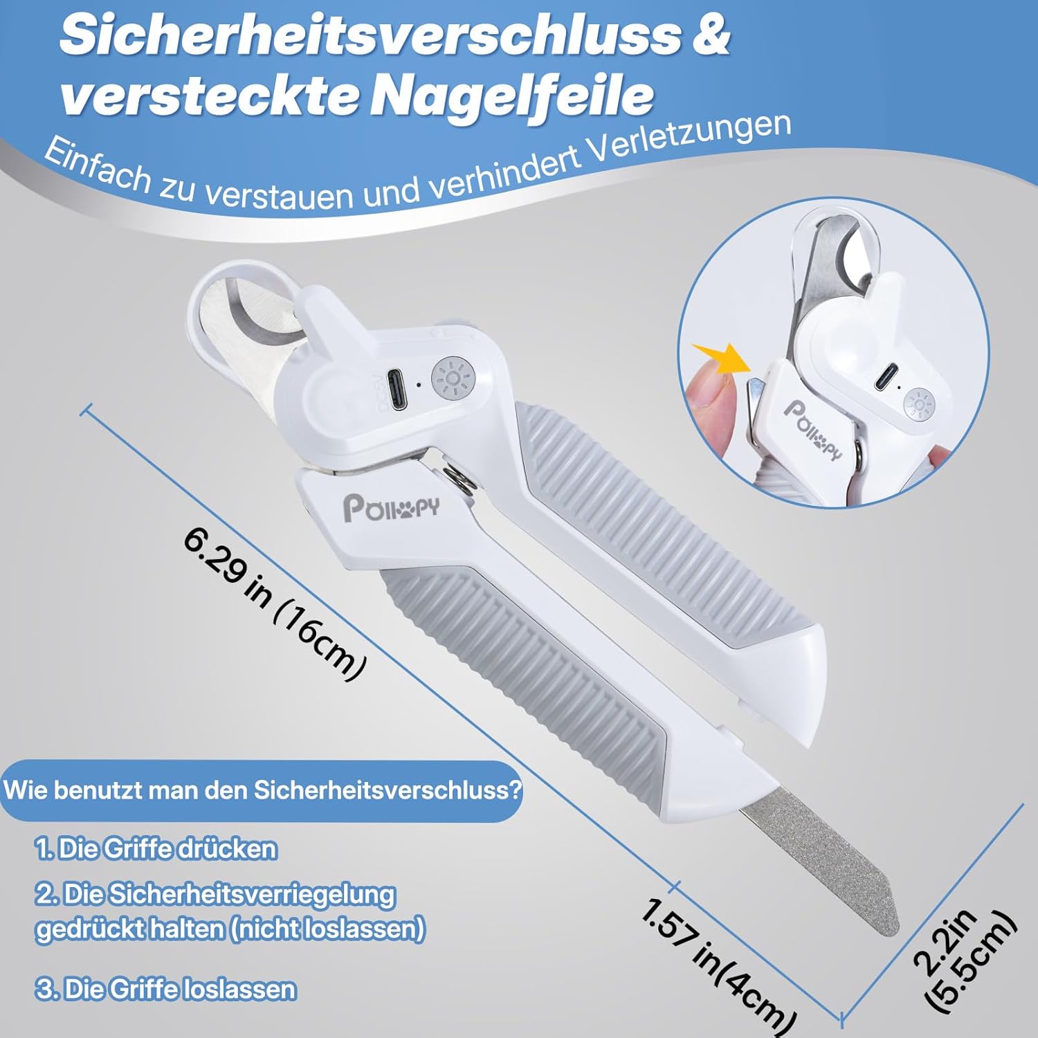 Krallenschere für Hunde und Katzen mit 2 LEDs Einstellbarer Helligkeit, Haustier Nagelknipser mit Sicherheitsschutz, Nagelfeile, Wiederaufladbar Krallenpflege Schneider, Krallenzange für Alle Rassen