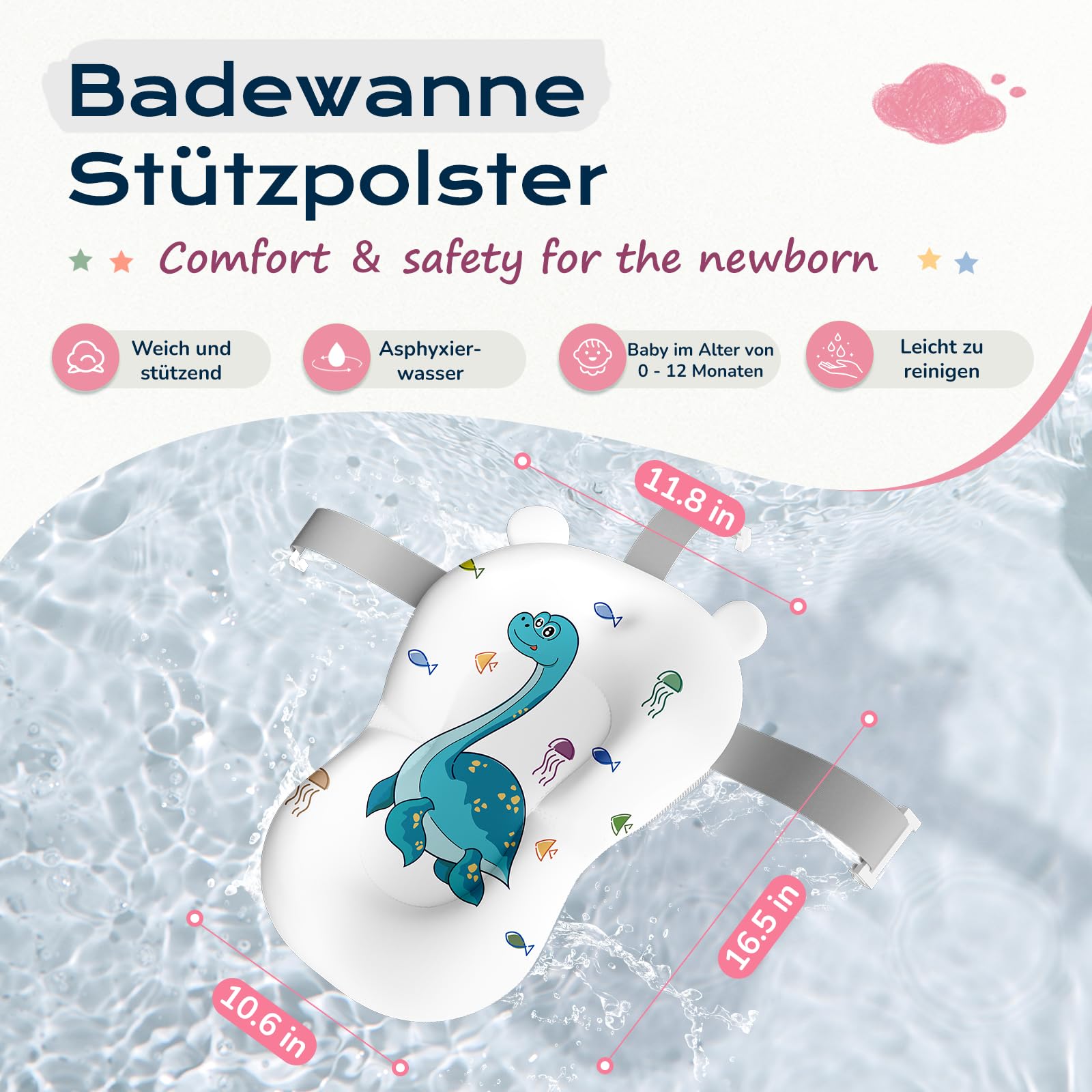 COOSEYA Baby Badewanne für 0-18 Monate, Faltbare Babywanne mit Babybadewanne Stützkissen, Portable Baby Bathtub als Wesentliche Artikel für Neugeborene und Kleinkind, Dinosaurier - Design (Grau)
