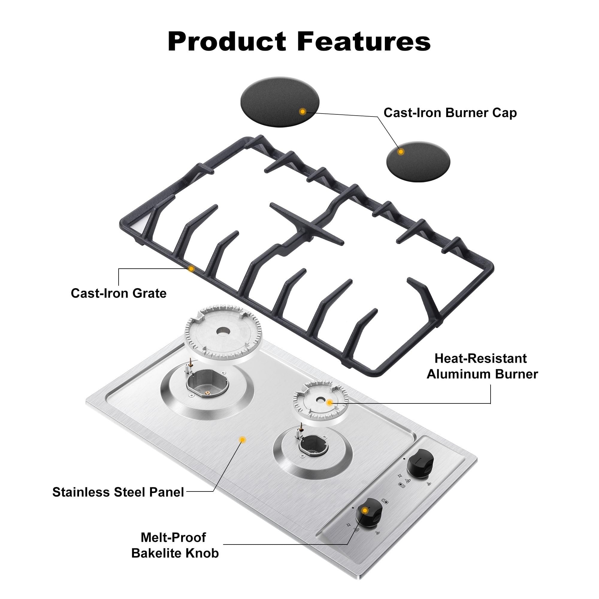 Eascookchef 30 inch Gas Cooktop, Gas Stove Top with 5 High Efficiency Burners, Bulit-in Stainless Steel Propane Cooktop for Kitchen, NG/LPG Convertible Stovetop, Thermocouple Protection