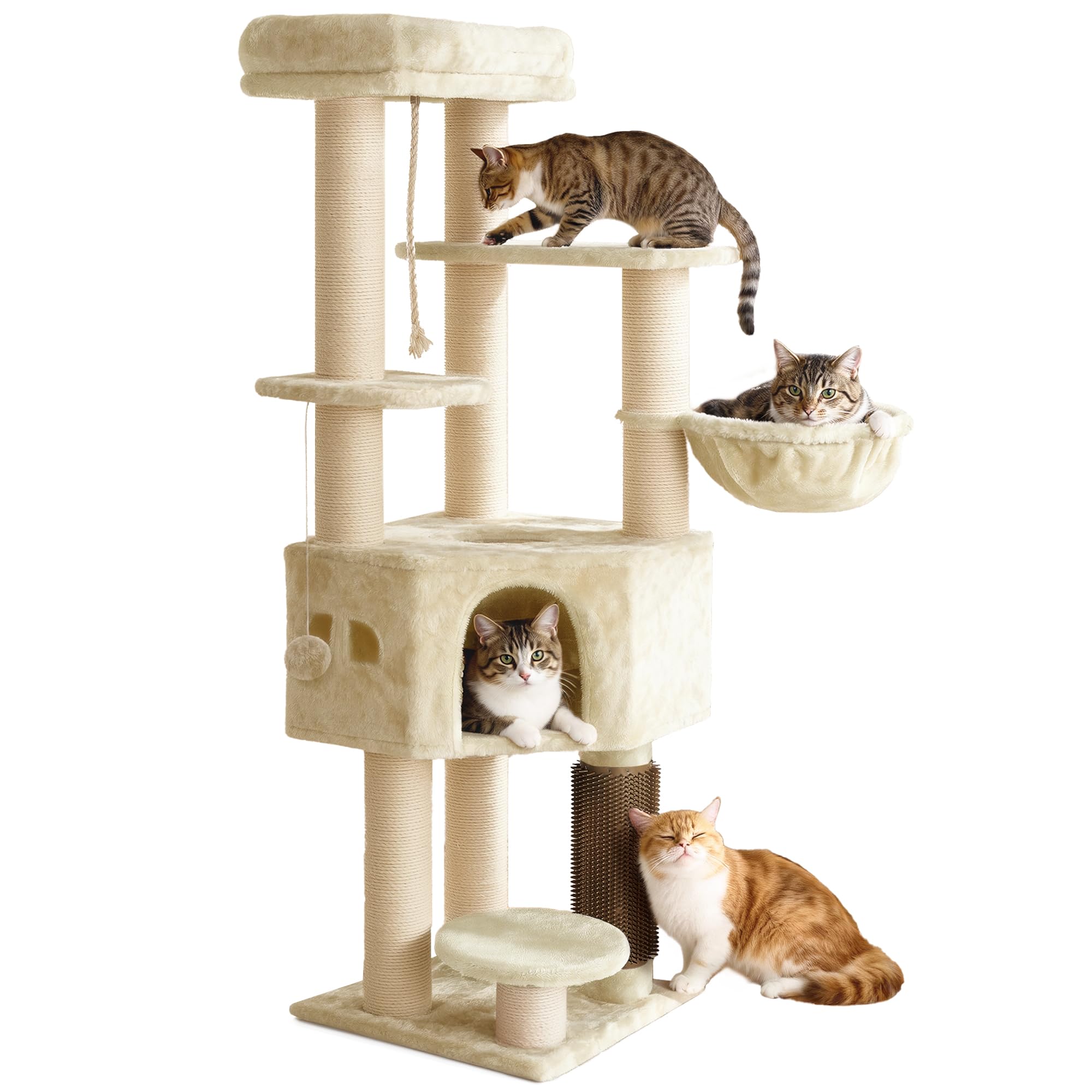 YITAHOME Kratzbaum, Katzenkratzbaum, für Große Katze, Katzenbaum, Katzenbürsten, 11 cm Dicke Stämme, Große Plattformen, Plüschkissen, Höhle, 50 x 50 x 157 cm, Beige